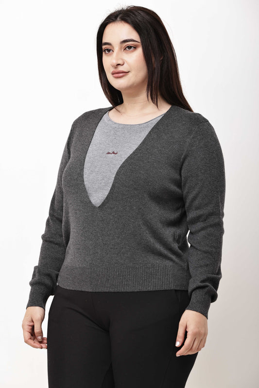 Dark Grey V-Neck Knit Sweater for Women | Winter Pullover Top