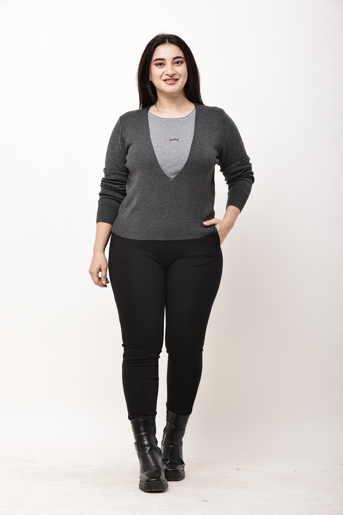 Dark Grey V-Neck Knit Sweater for Women | Winter Pullover Top