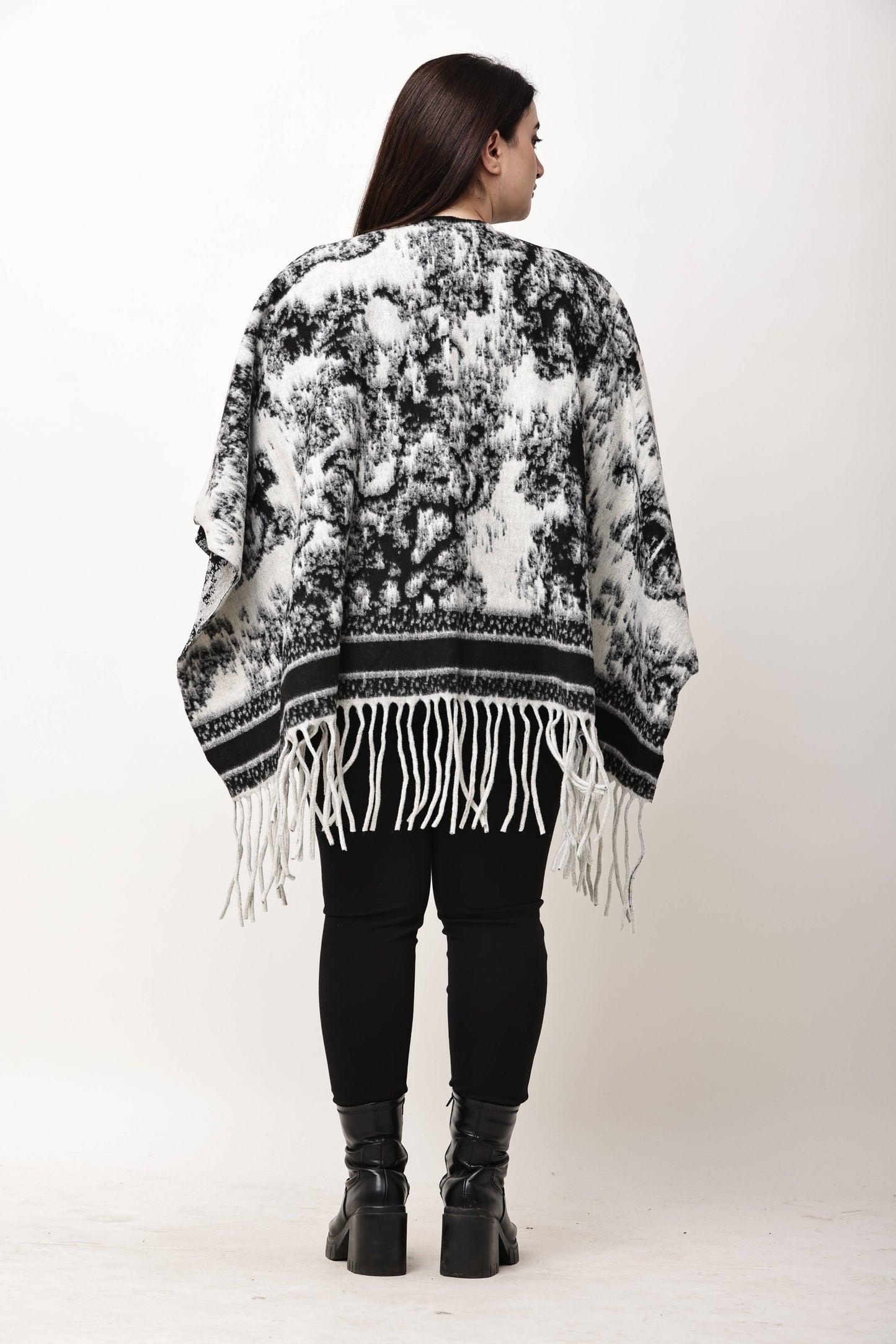Korean Printed Winter Poncho for Women | Fringe Shawl Top