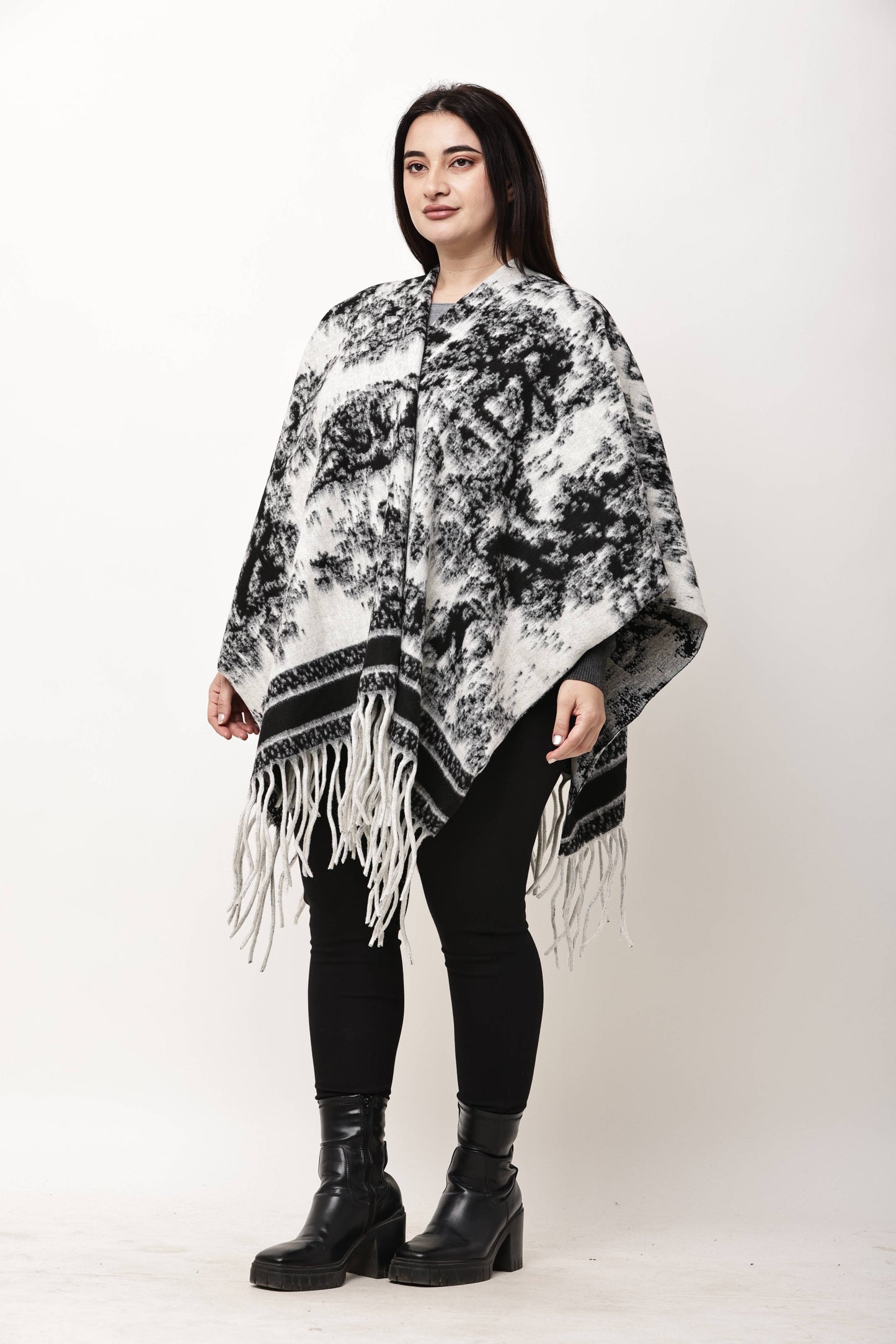 Korean Printed Winter Poncho for Women | Fringe Shawl Top
