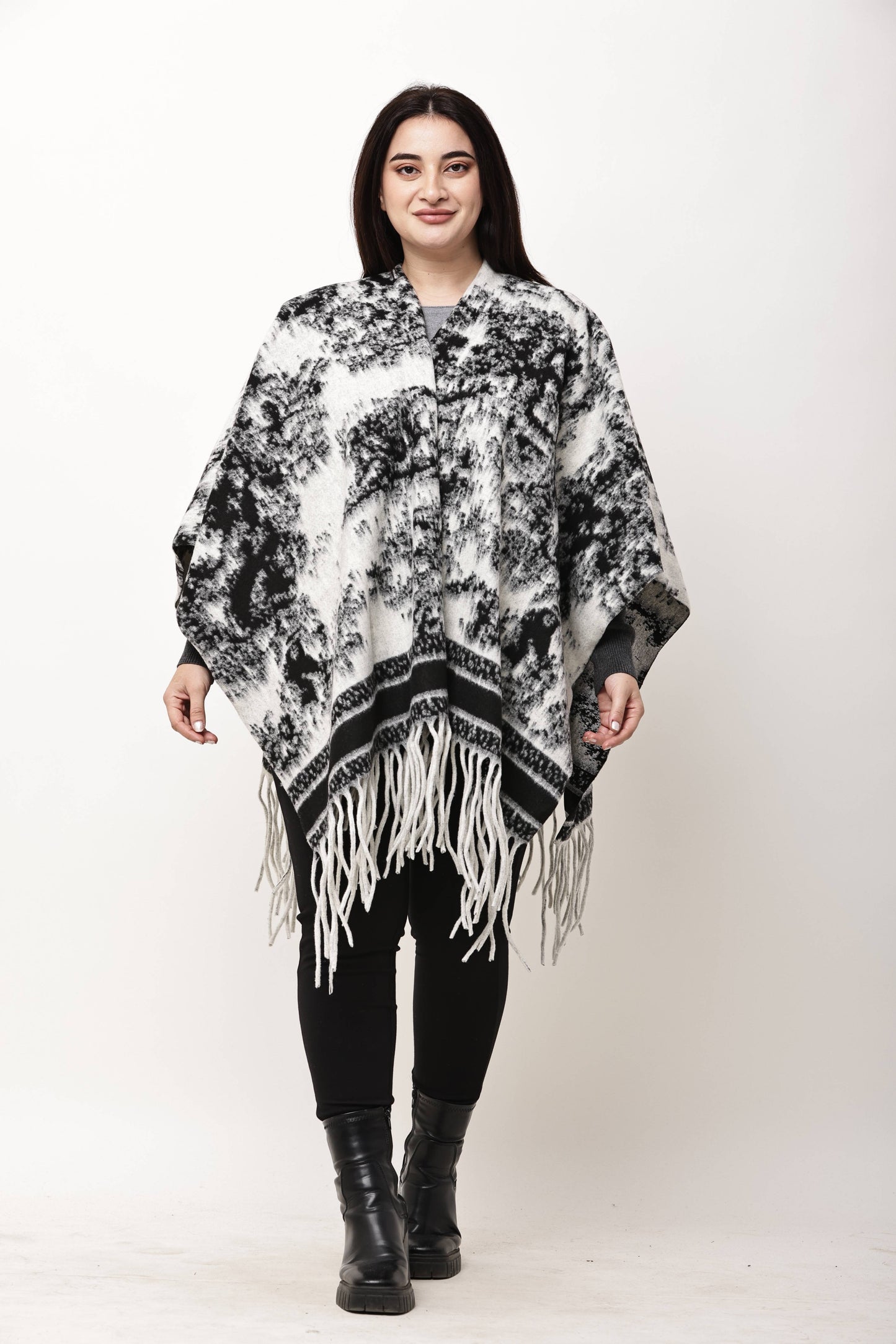 Korean Printed Winter Poncho for Women | Fringe Shawl Top