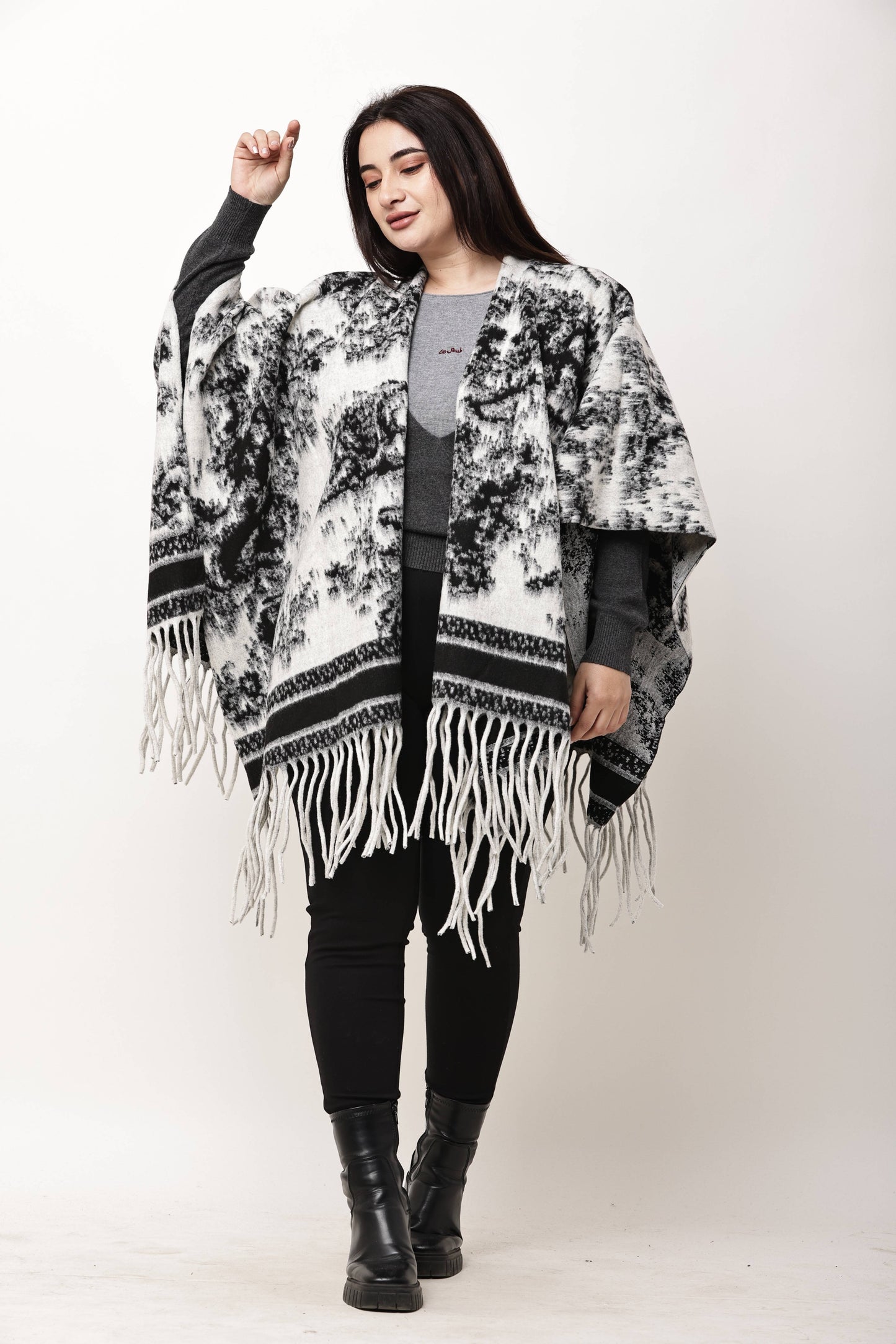 Korean Printed Winter Poncho for Women | Fringe Shawl Top