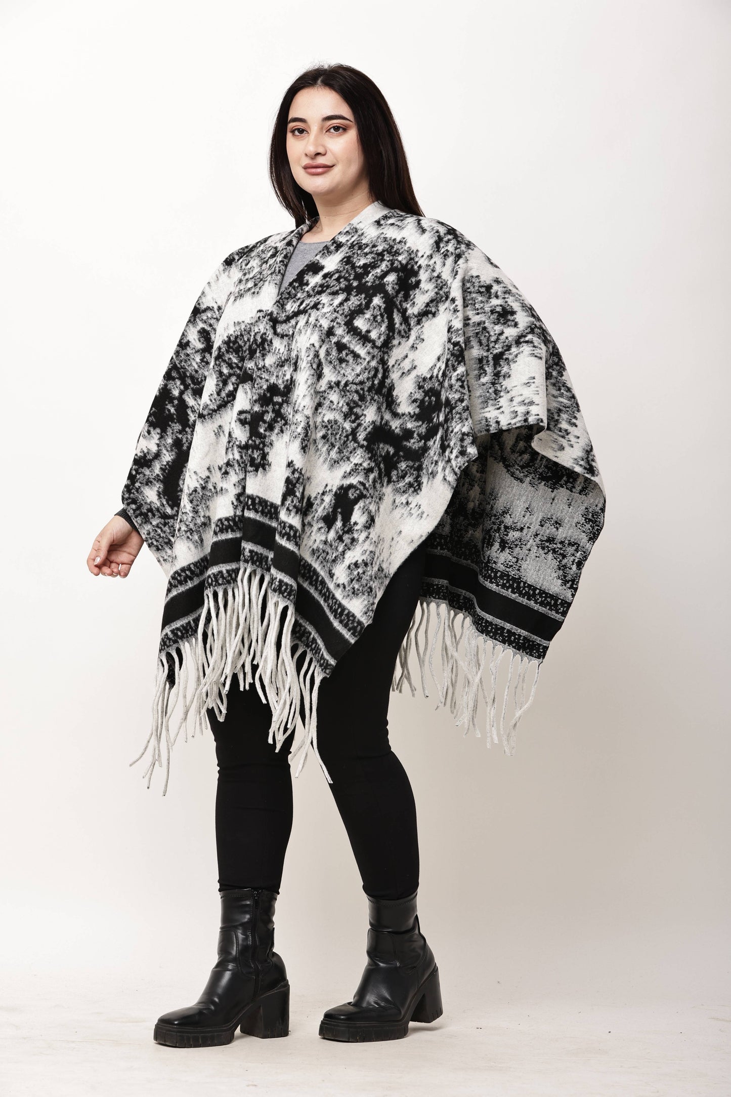 Korean Printed Winter Poncho for Women | Fringe Shawl Top