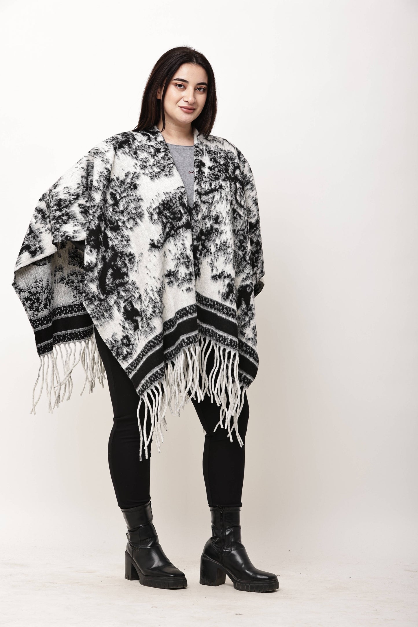 Korean Printed Winter Poncho for Women | Fringe Shawl Top