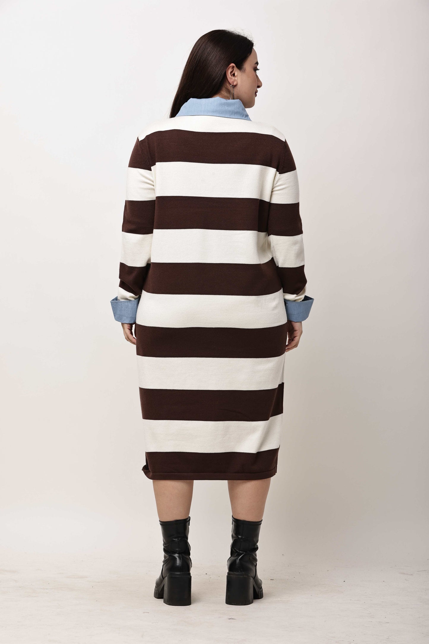 Korean Black & White Striped Midi Dress for Women | Collared Winter Dress