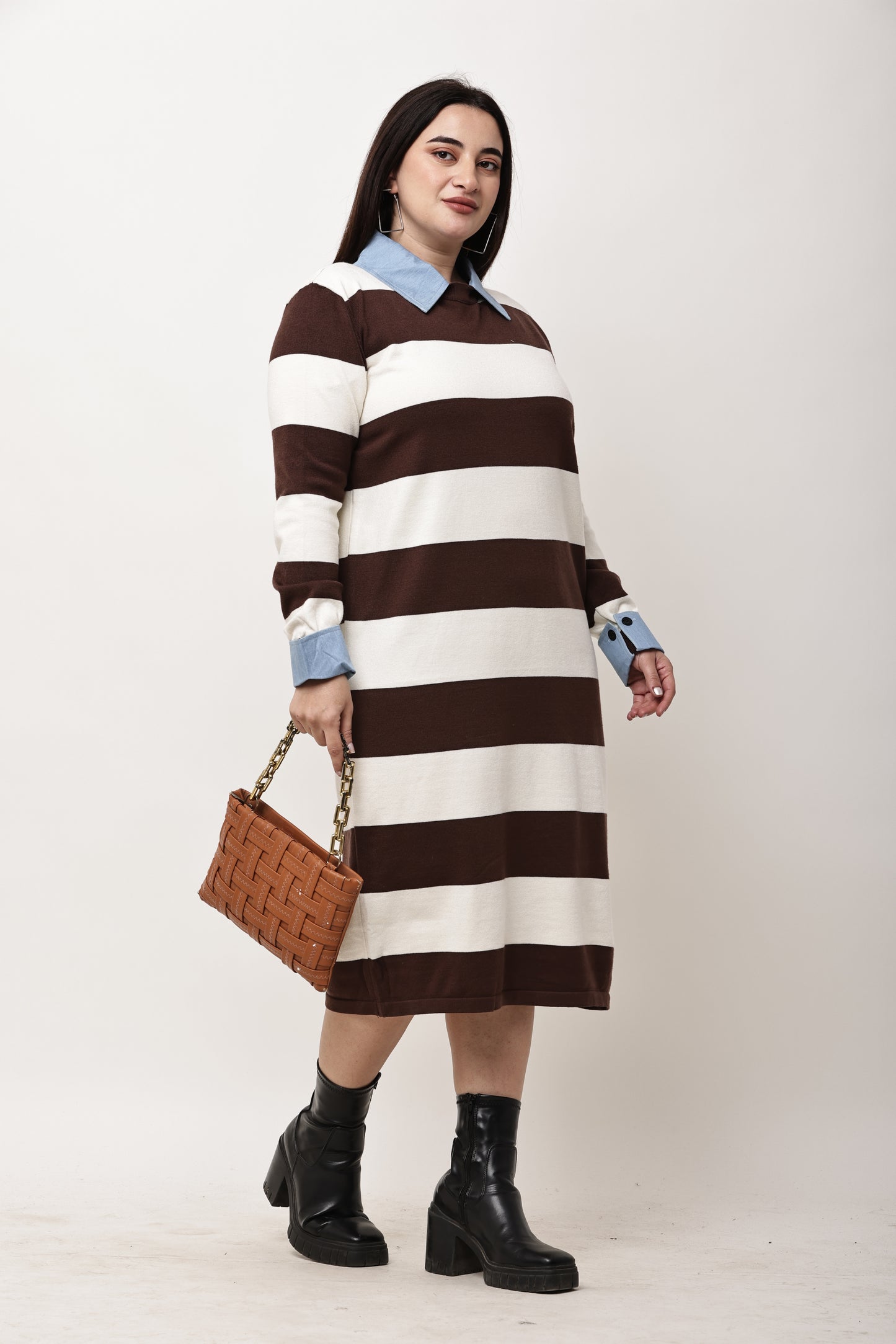 Korean Black & White Striped Midi Dress for Women | Collared Winter Dress