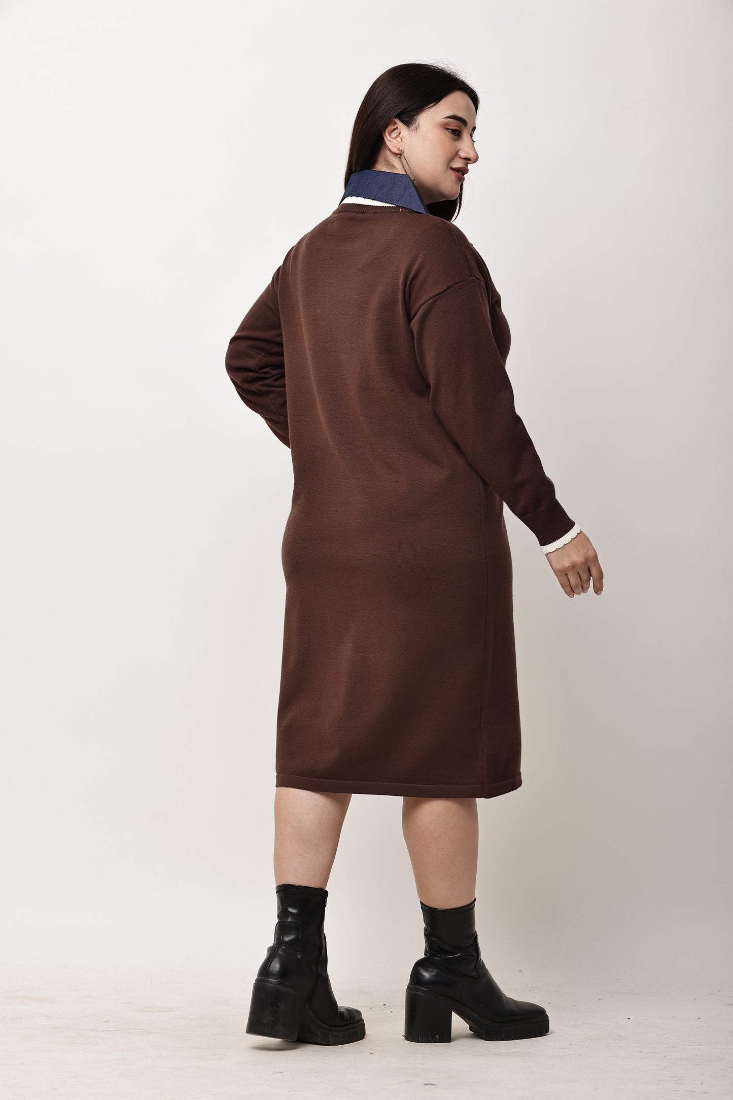 Korean Knit Midi Dress for Women | Layered Collar Casual Winter Dress