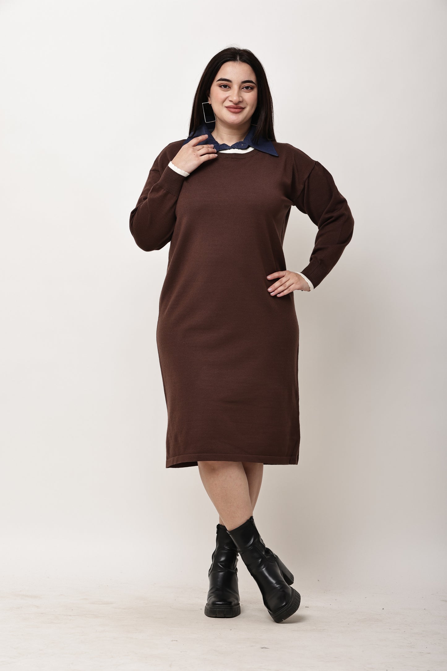 Korean Knit Midi Dress for Women | Layered Collar Casual Winter Dress