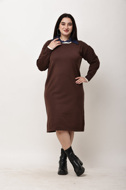 Korean Knit Midi Dress for Women | Layered Collar Casual Winter Dress