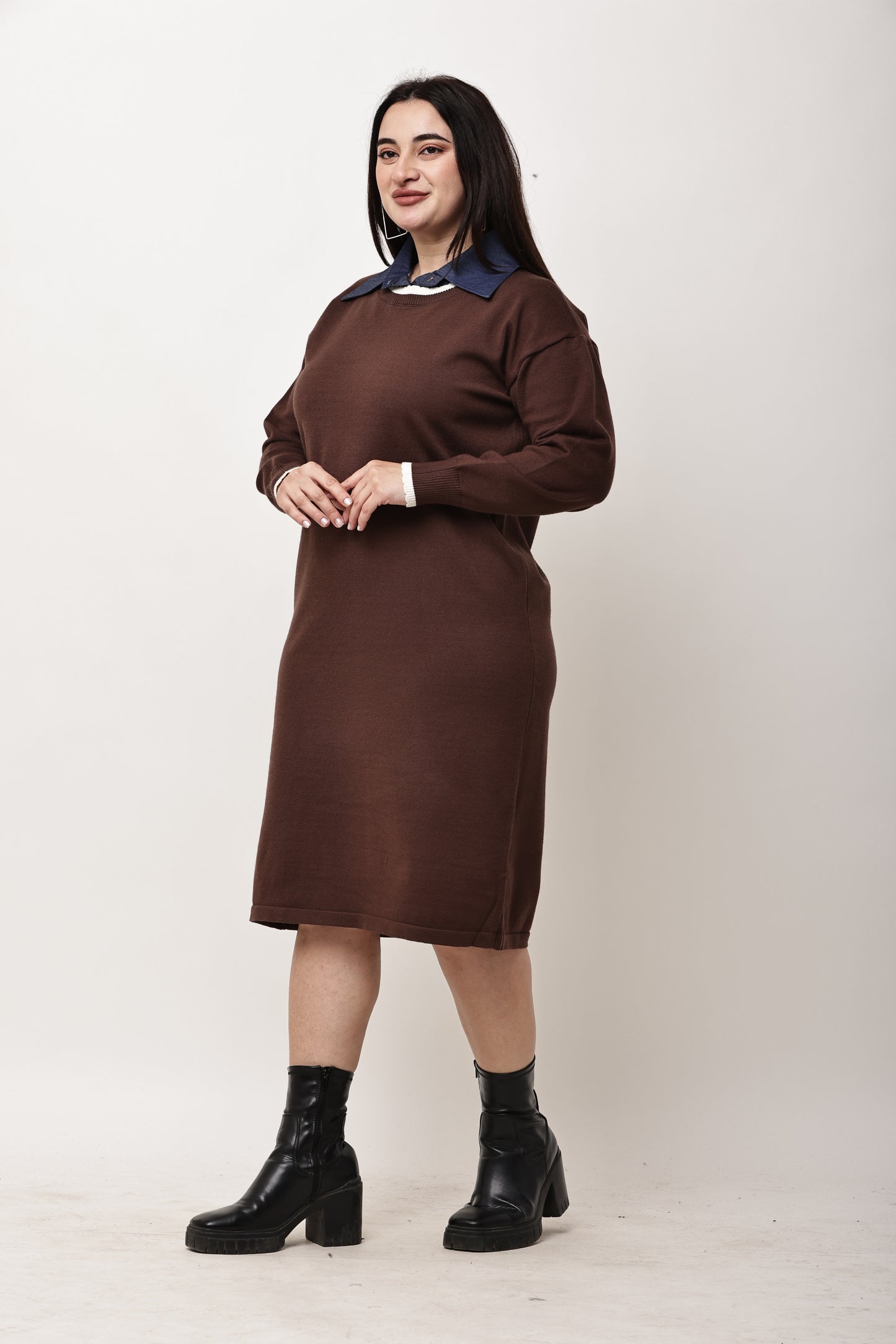 Korean Knit Midi Dress for Women | Layered Collar Casual Winter Dress