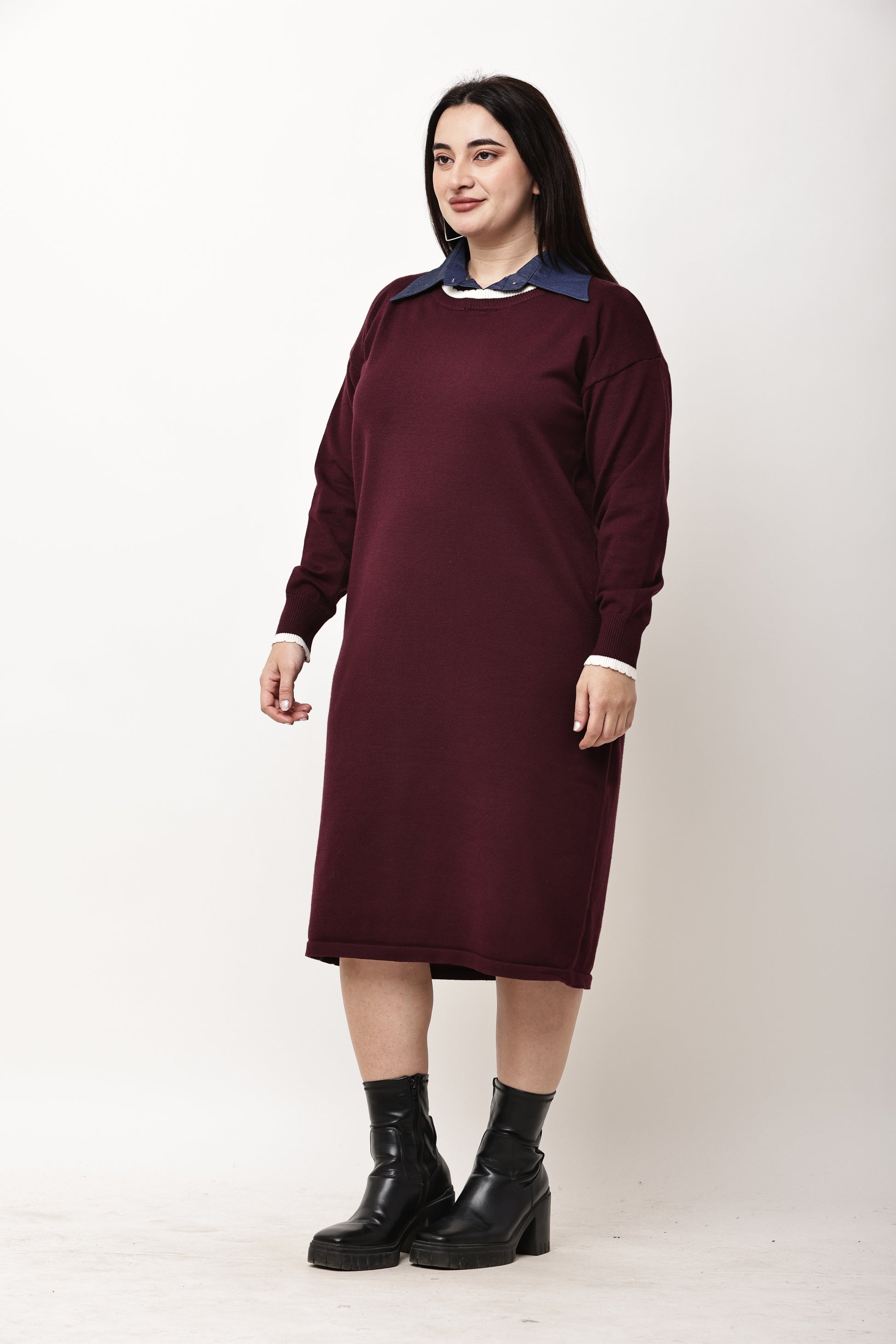 Korean Knit Midi Dress for Women | Layered Collar Casual Winter Dress Morus Alba Korean Knit Midi Dress for Women | Layered Collar Casual Winter Dress Morus Alba