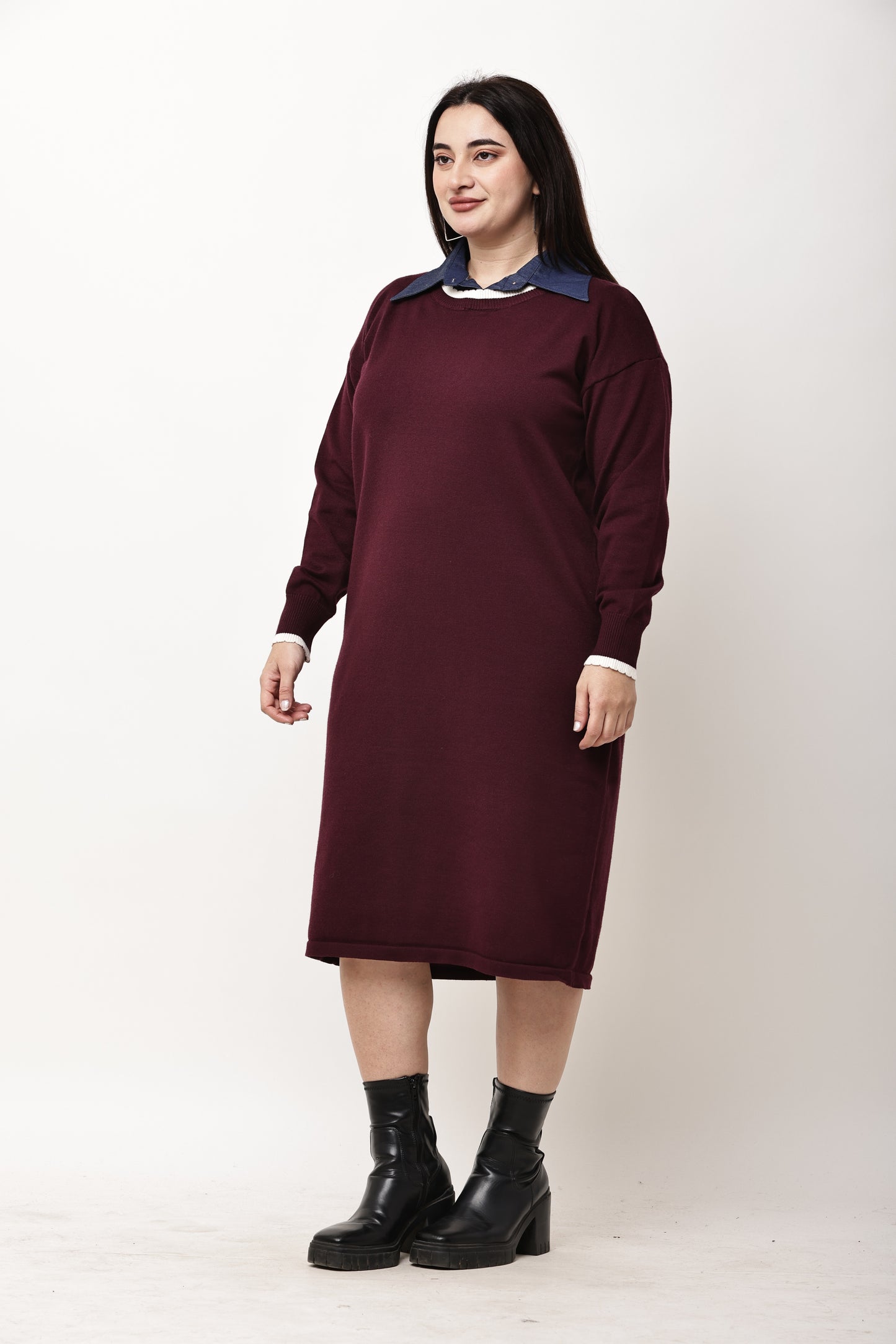 Korean Knit Midi Dress for Women | Layered Collar Casual Winter Dress