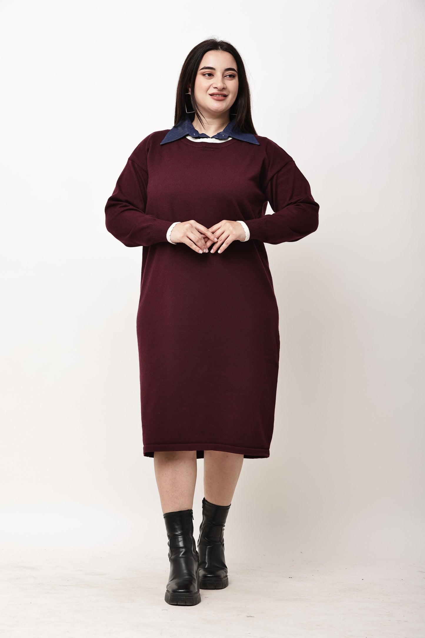Korean Knit Midi Dress for Women | Layered Collar Casual Winter Dress