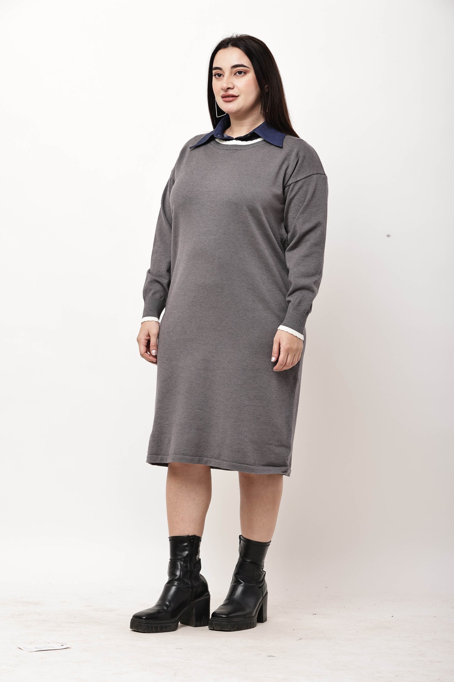 Korean Knit Midi Dress for Women | Layered Collar Casual Winter Dress
