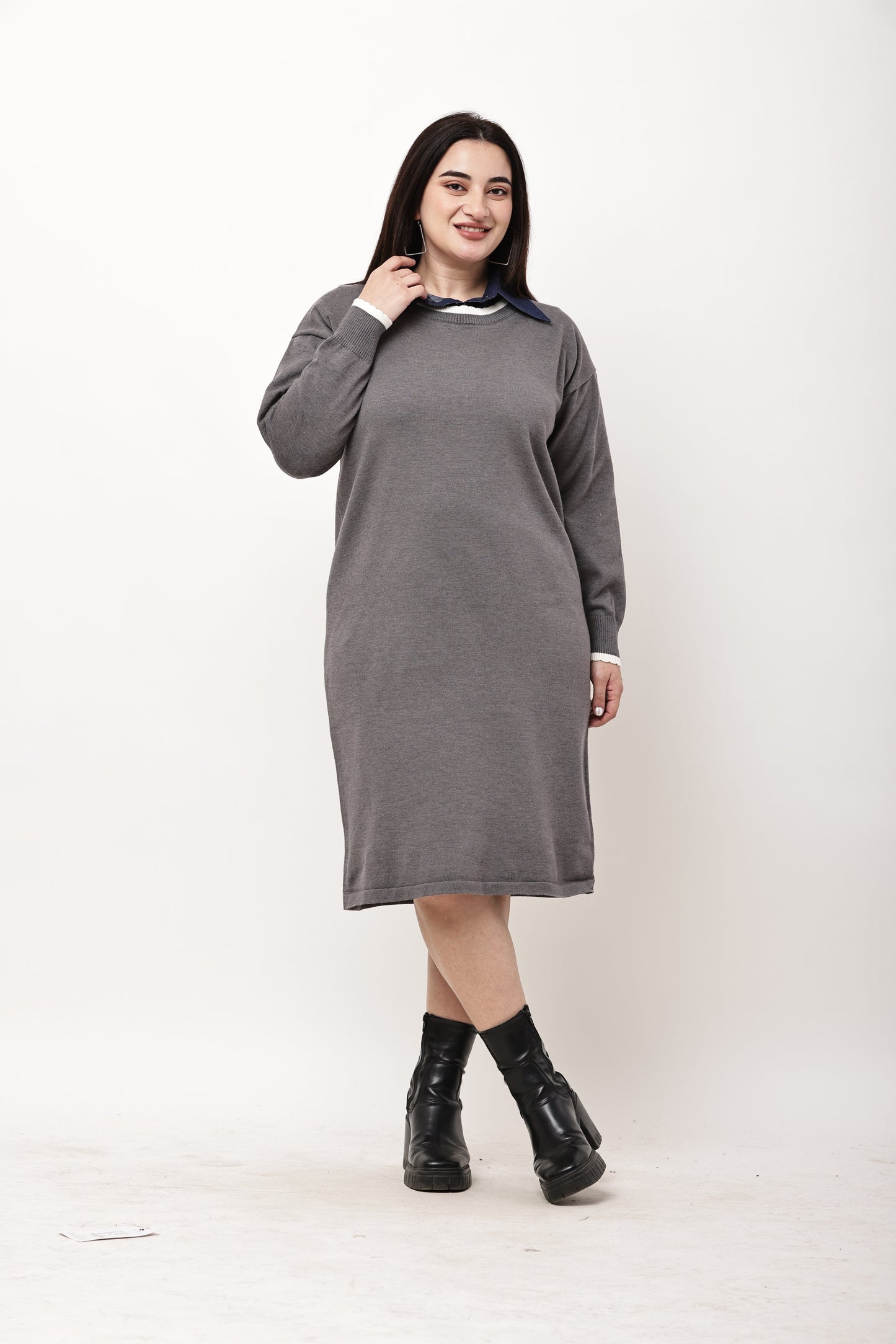 Korean Knit Midi Dress for Women | Layered Collar Casual Winter Dress