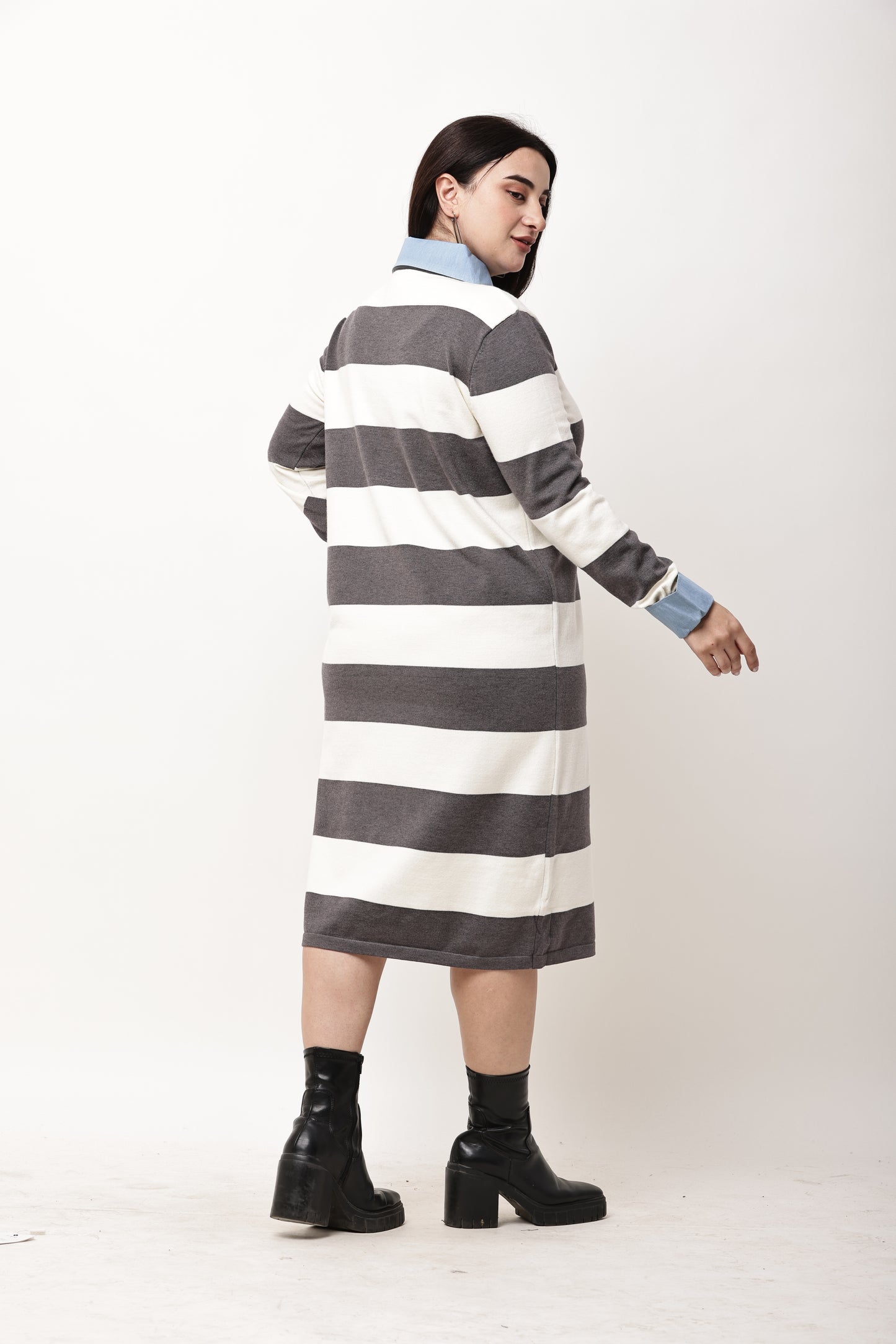 Korean Black & White Striped Midi Dress for Women | Collared Winter Dress