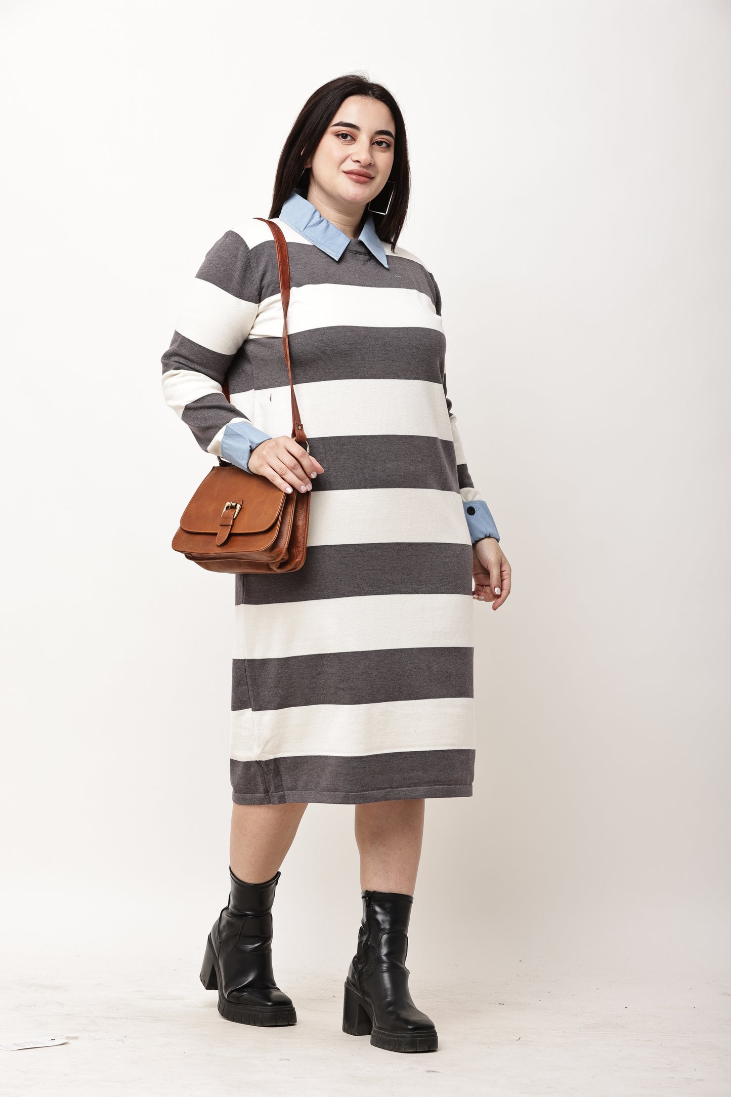 Korean Black & White Striped Midi Dress for Women | Collared Winter Dress