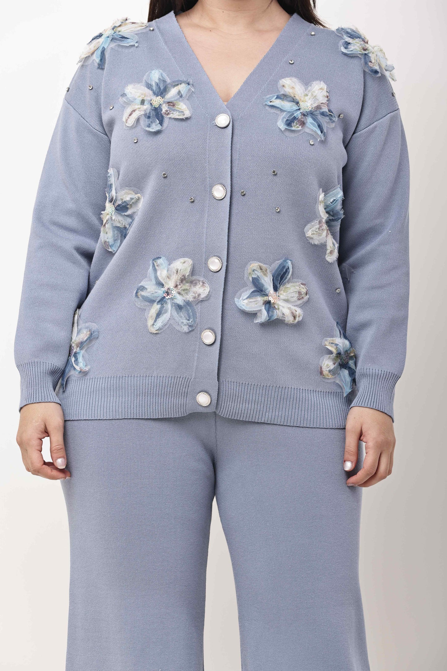 Floral Embellished Knit Co-Ord Set for Women | Winter Buttoned Cardigan & Wide Leg Pants