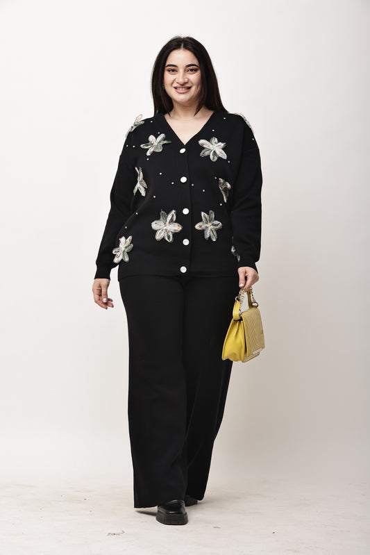 Floral Embellished Knit Co-Ord Set for Women | Winter Buttoned Cardigan & Wide Leg Pants