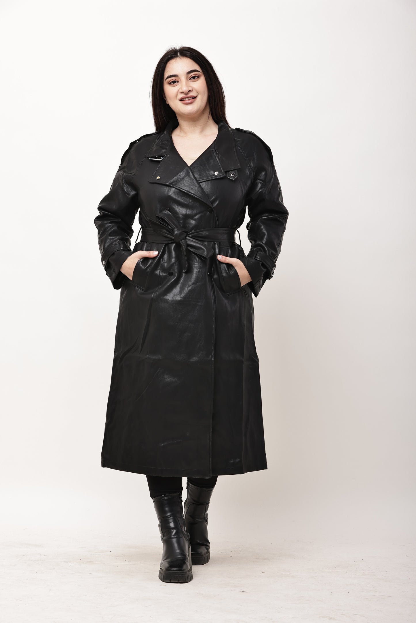Korean Faux Leather Long Trench Coat for Women | Belted Winter Overcoat