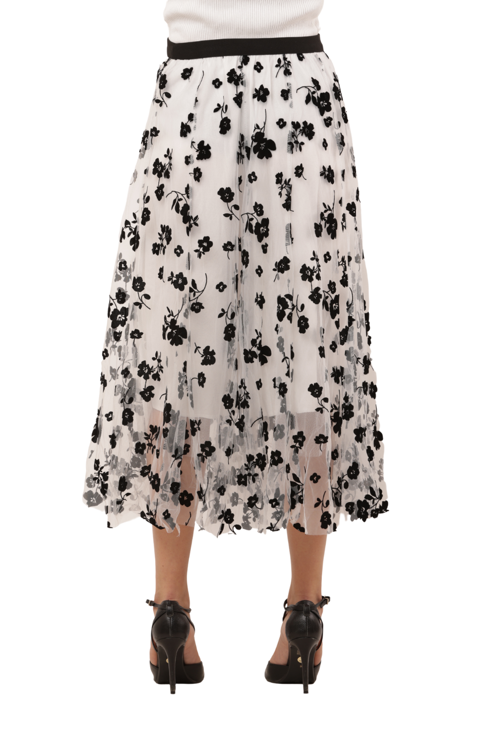 Black Mesh Floral Embroidered Korean Long Skirt – High Waist, A-Line, Pleated Midi