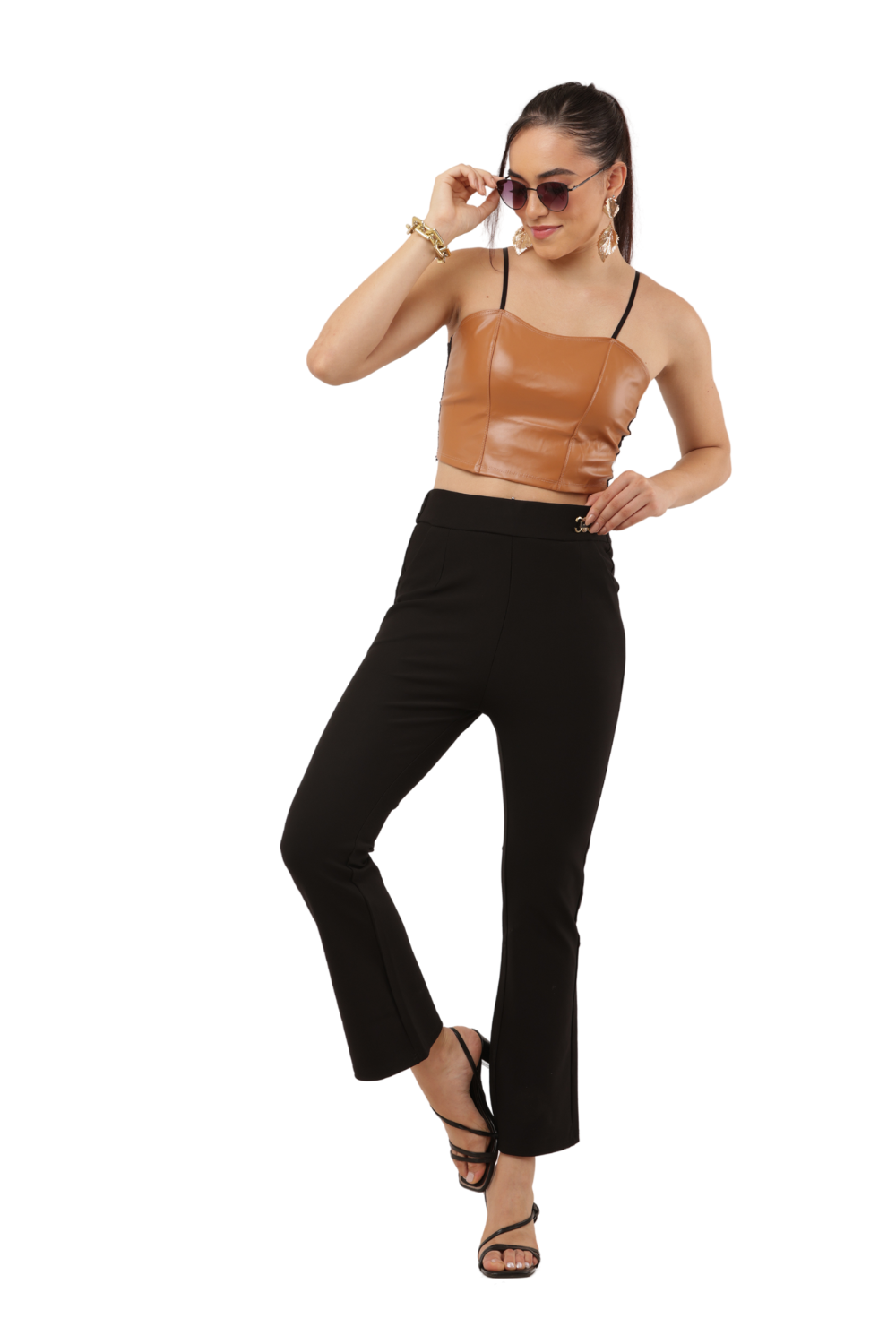 High-Waist Black Flared Pants with Gold Buckle – Korean Fashion Style