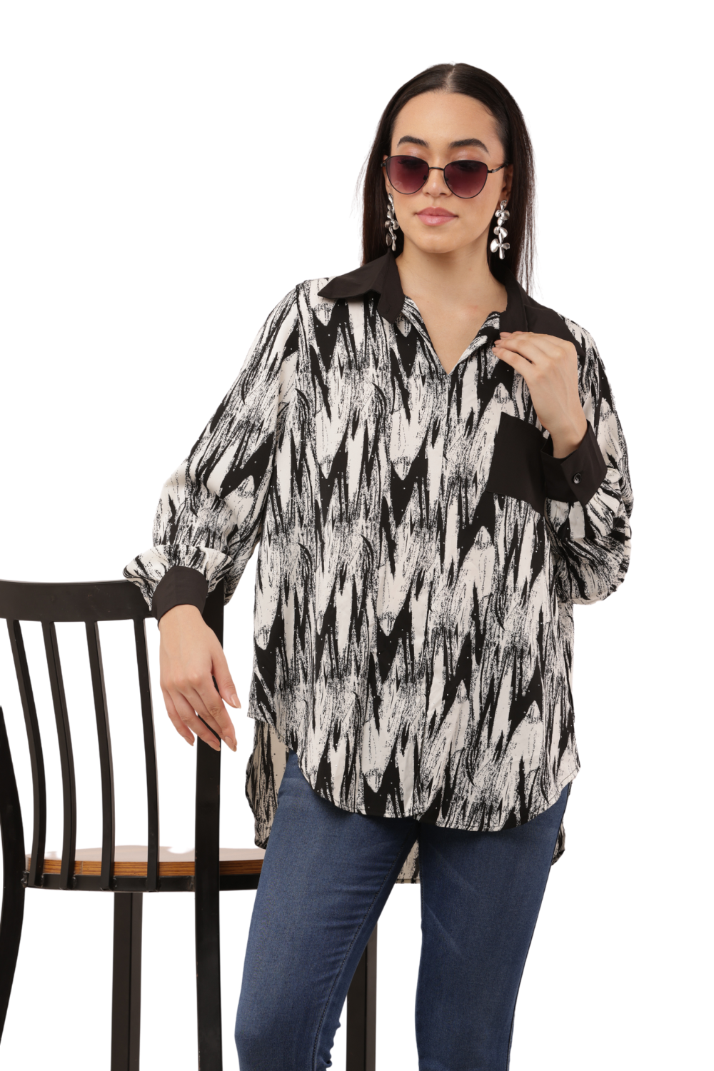 Oversized Abstract Print Button-Down Free Size Shirt with Contrast Detailing