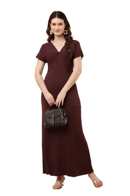 Twist-Front Ribbed Maxi Dress Free Size – Korean Bodycon Style