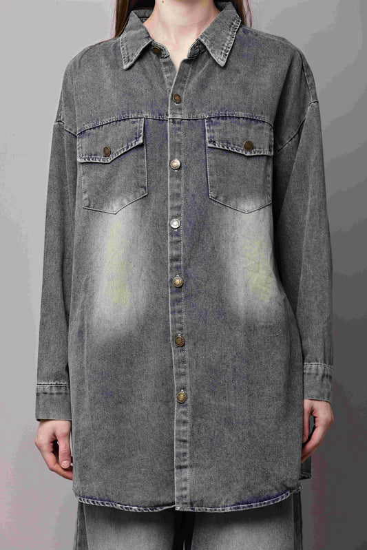 Women Grey Denim Co-Ord Set with Longline Shirt & Wide-Leg Pants – Korean Style