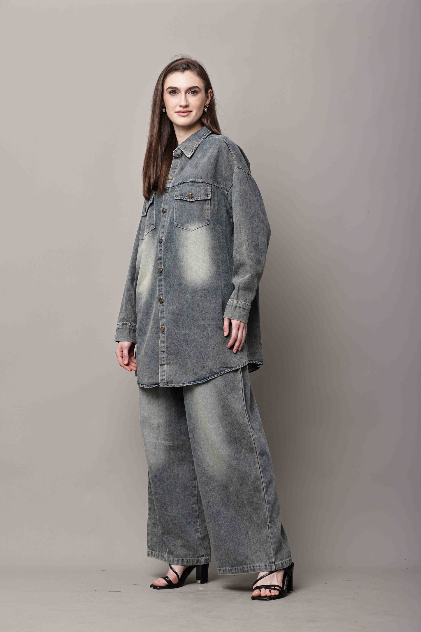 Women Grey Denim Co-Ord Set with Longline Shirt & Wide-Leg Pants – Korean Style