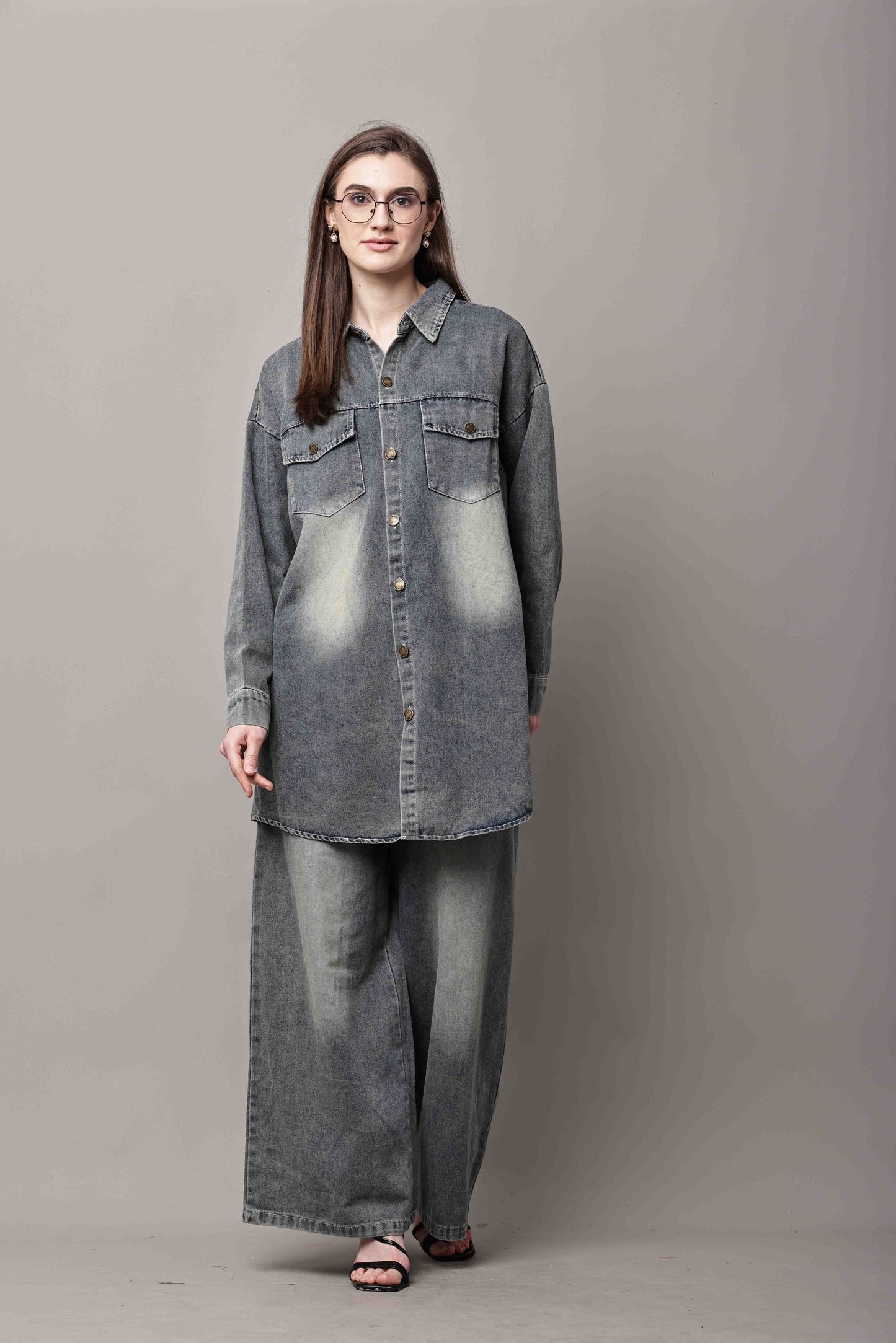 Women Grey Denim Co-Ord Set with Longline Shirt & Wide-Leg Pants – Korean Style
