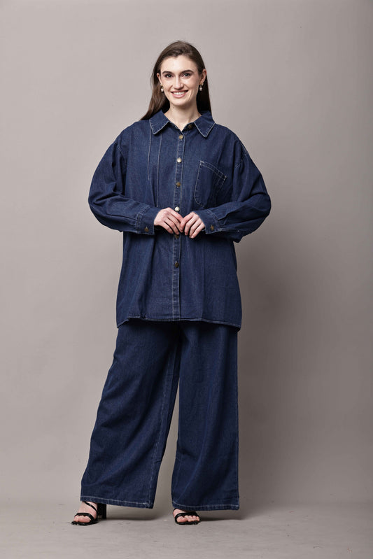 Women Dark Blue Denim Co-Ord Set with Oversized Shirt & Wide-Leg Pants – Korean Style
