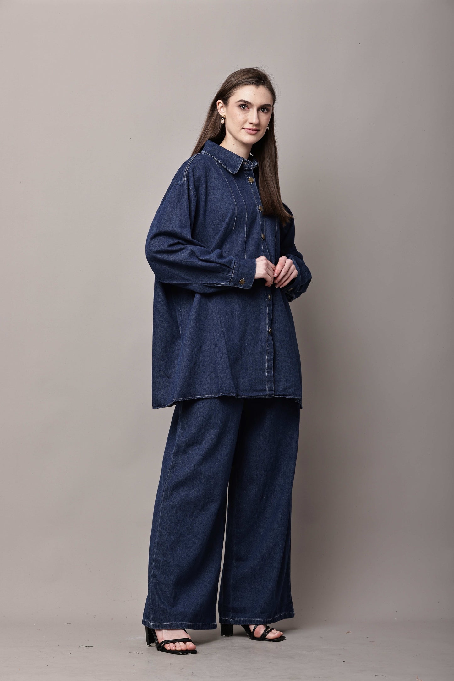 Women Dark Blue Denim Co-Ord Set with Oversized Shirt & Wide-Leg Pants – Korean Style
