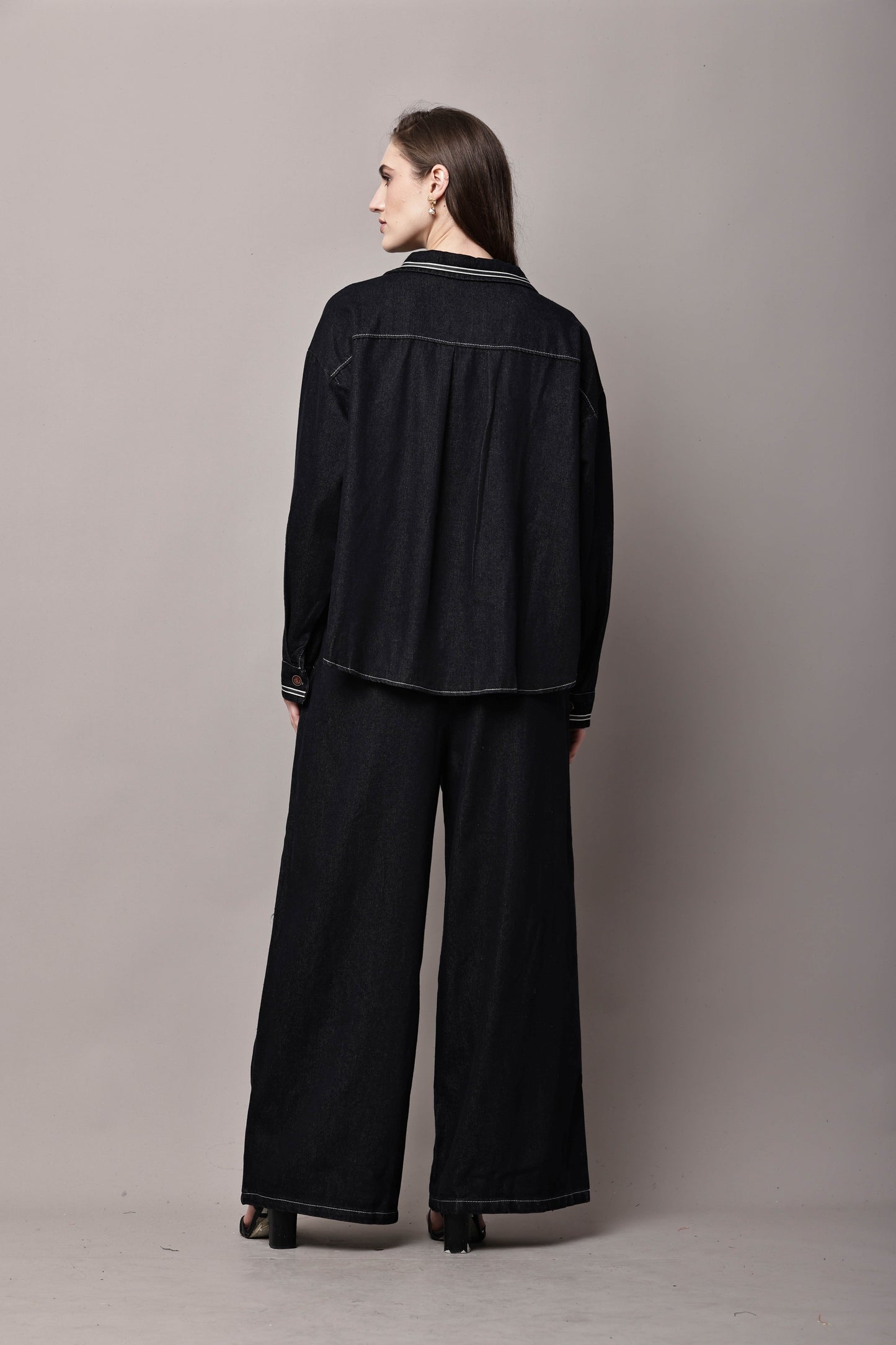 Women Black Denim Co-Ord Set with Relaxed Shirt & Wide-Leg Pants – Korean Style