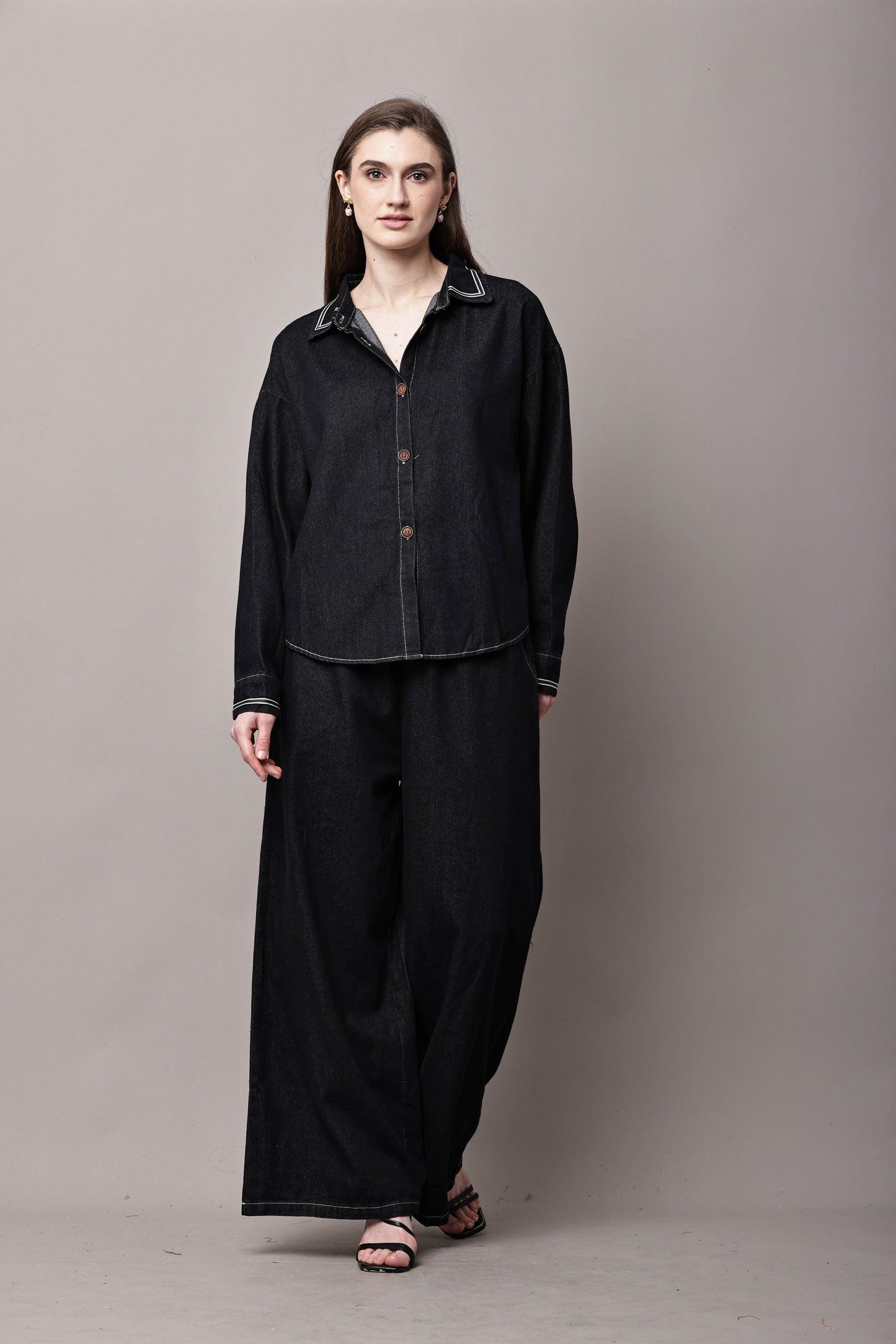 Women Black Denim Co-Ord Set with Relaxed Shirt & Wide-Leg Pants – Korean Style