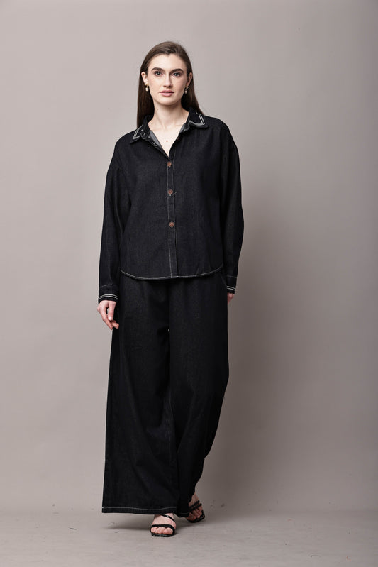 Women Black Denim Co-Ord Set with Relaxed Shirt & Wide-Leg Pants – Korean Style
