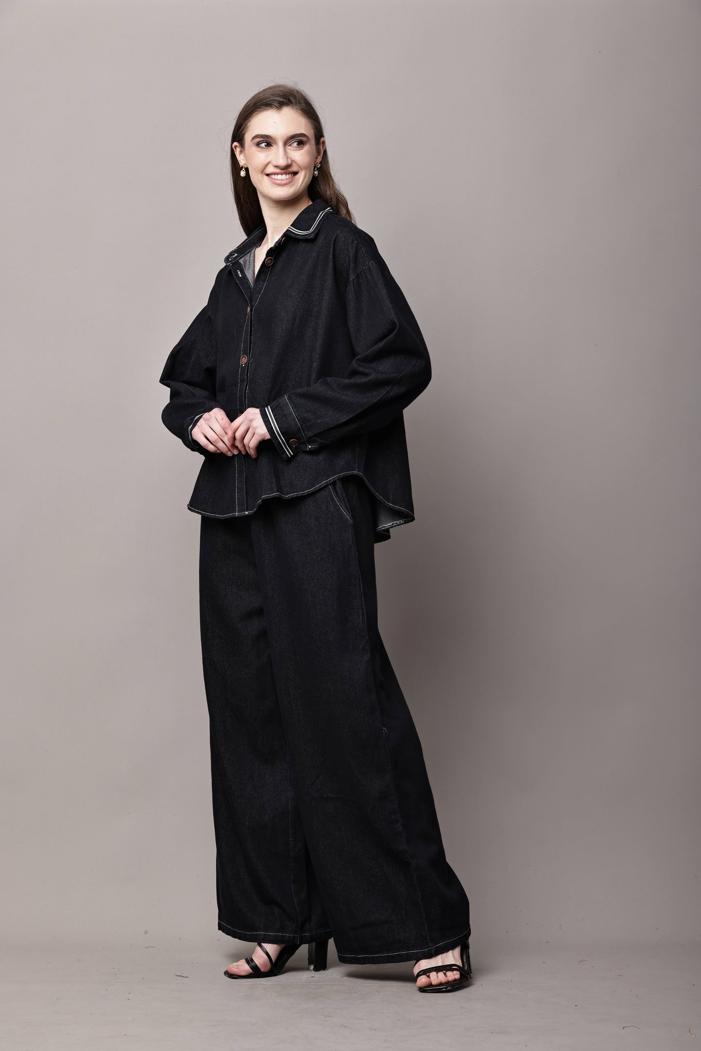 Women Black Denim Co-Ord Set with Relaxed Shirt & Wide-Leg Pants – Korean Style