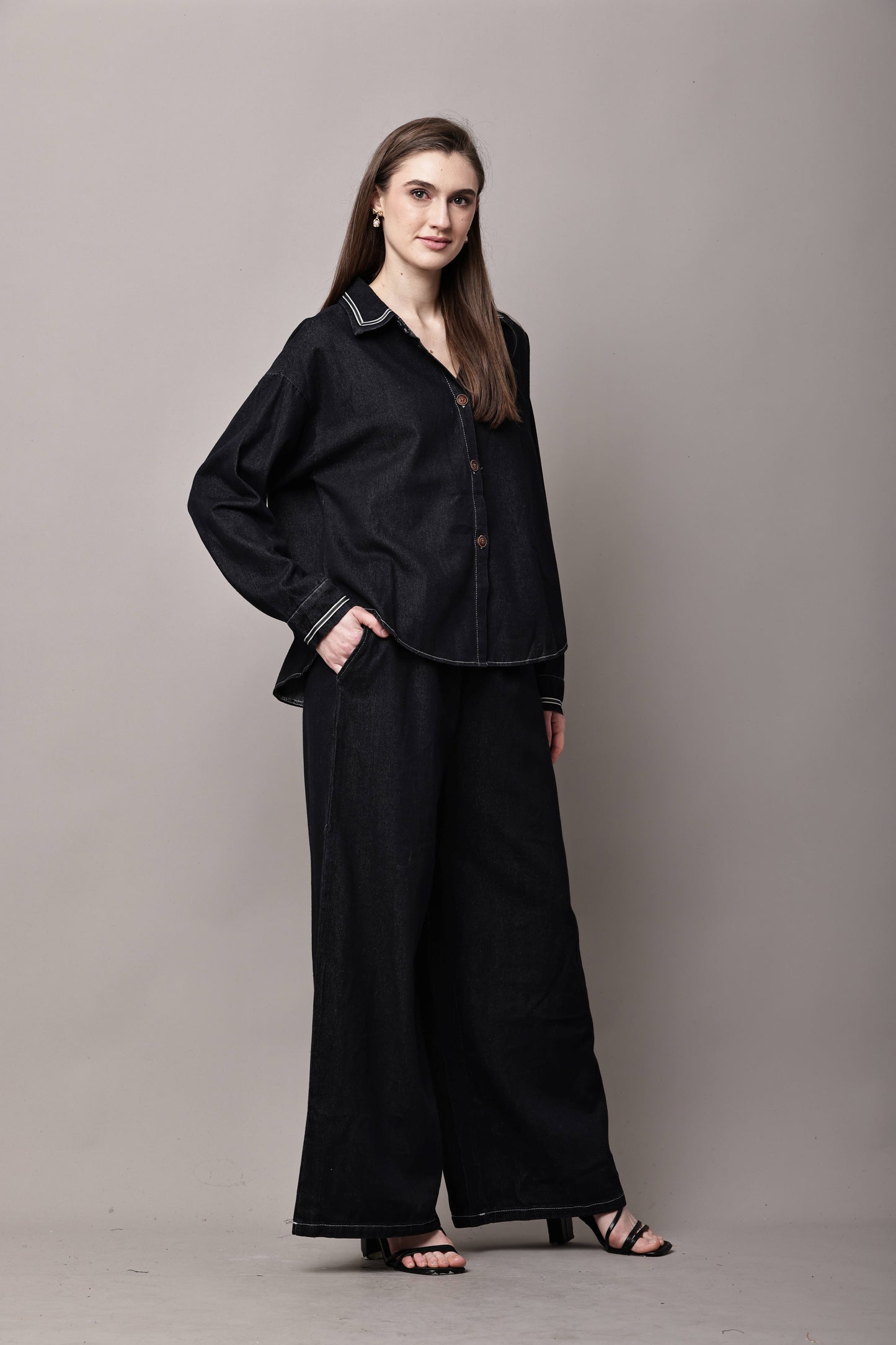 Women Black Denim Co-Ord Set with Relaxed Shirt & Wide-Leg Pants – Korean Style