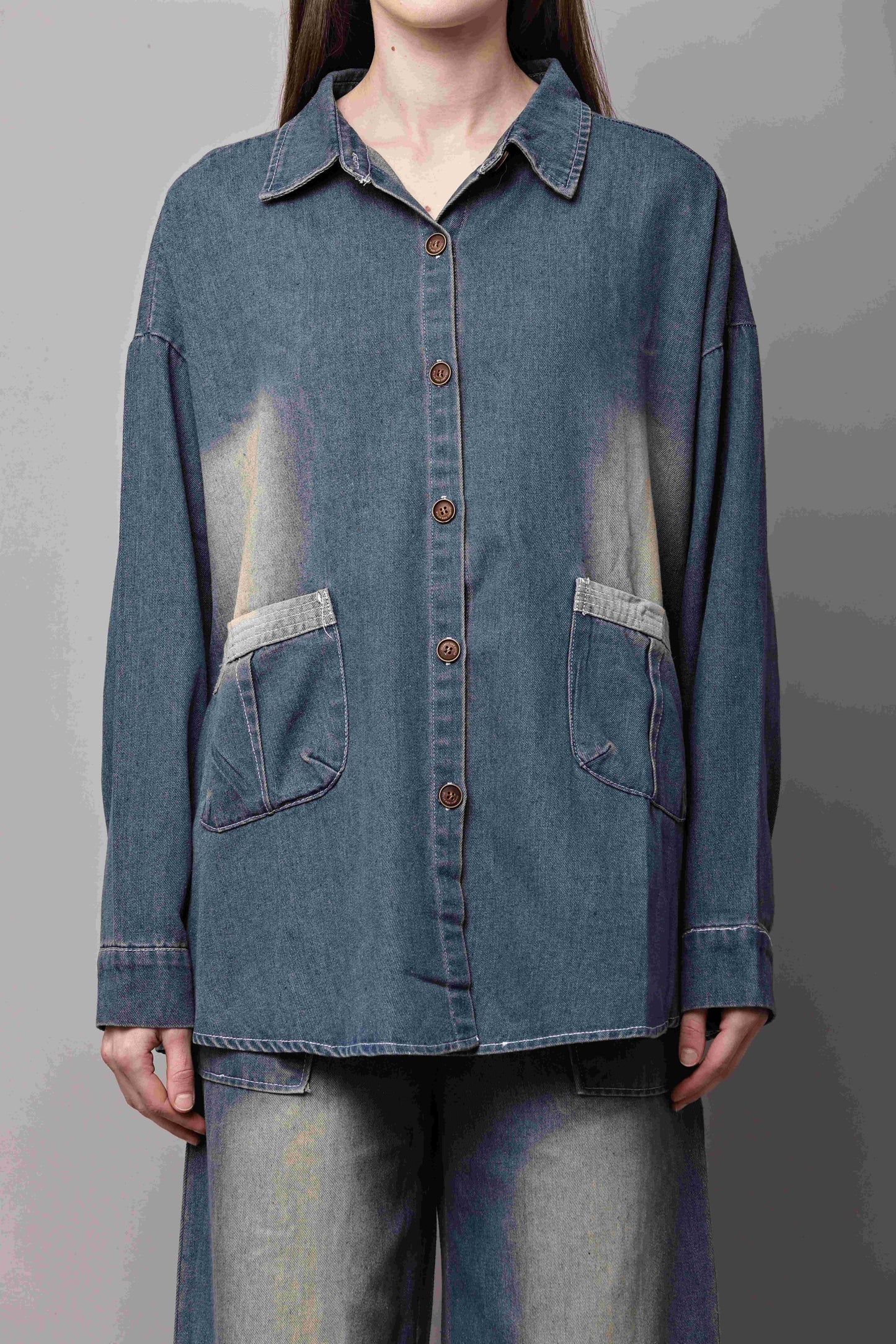 Women Blue Denim Co-Ord Set with Button-Down Shirt & Wide-Leg Pants – Korean Style