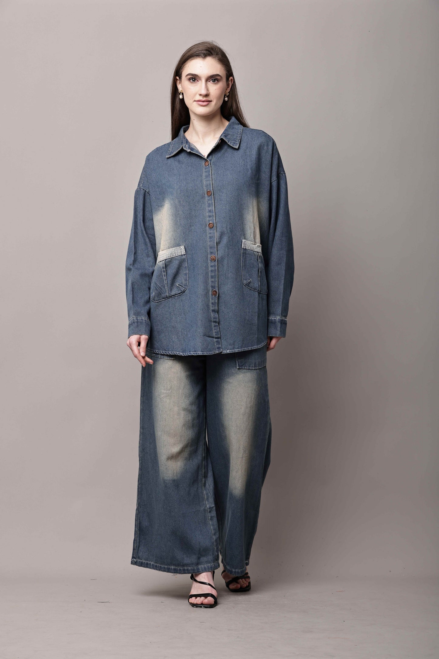 Women Blue Denim Co-Ord Set with Button-Down Shirt & Wide-Leg Pants – Korean Style