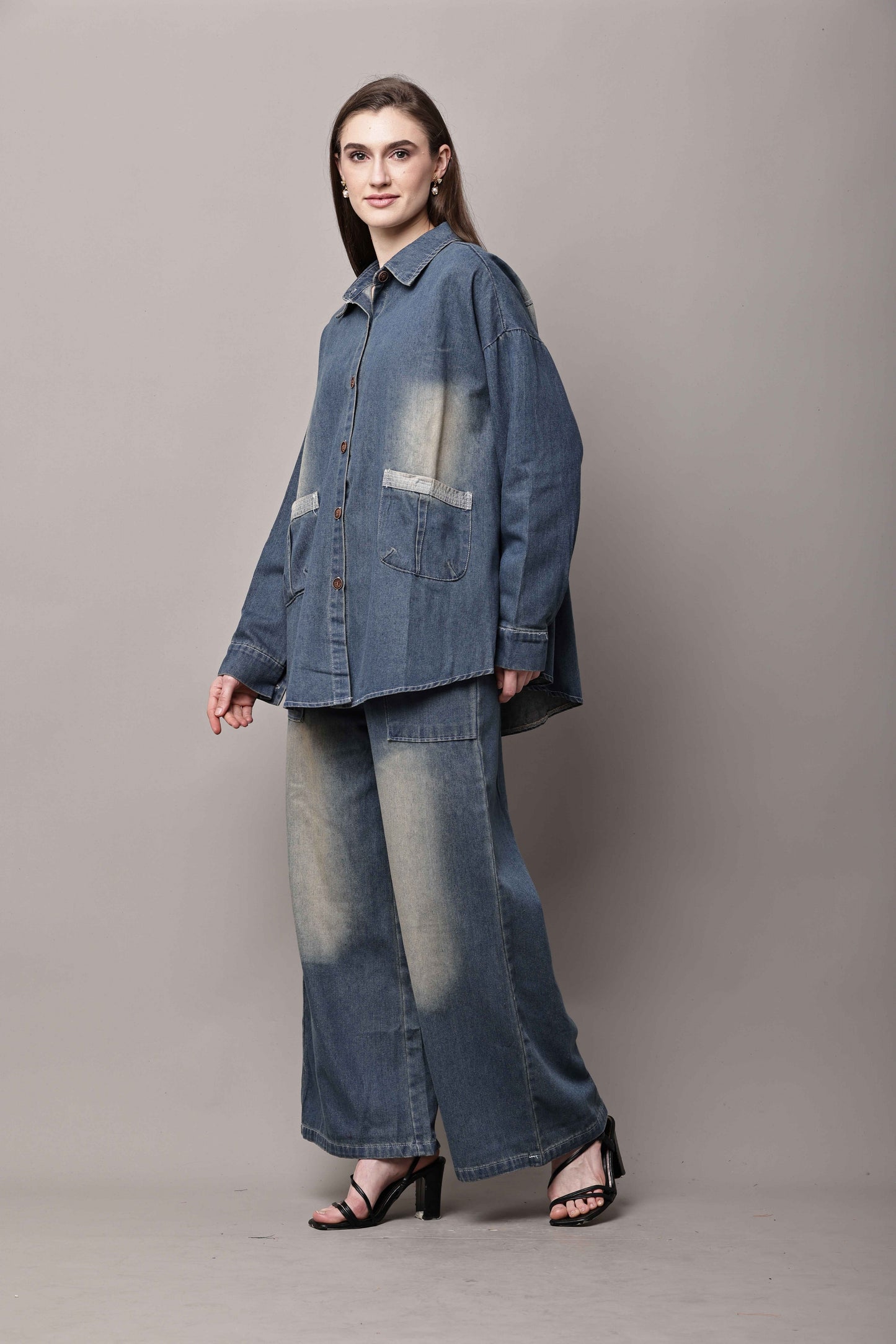 Women Blue Denim Co-Ord Set with Button-Down Shirt & Wide-Leg Pants – Korean Style
