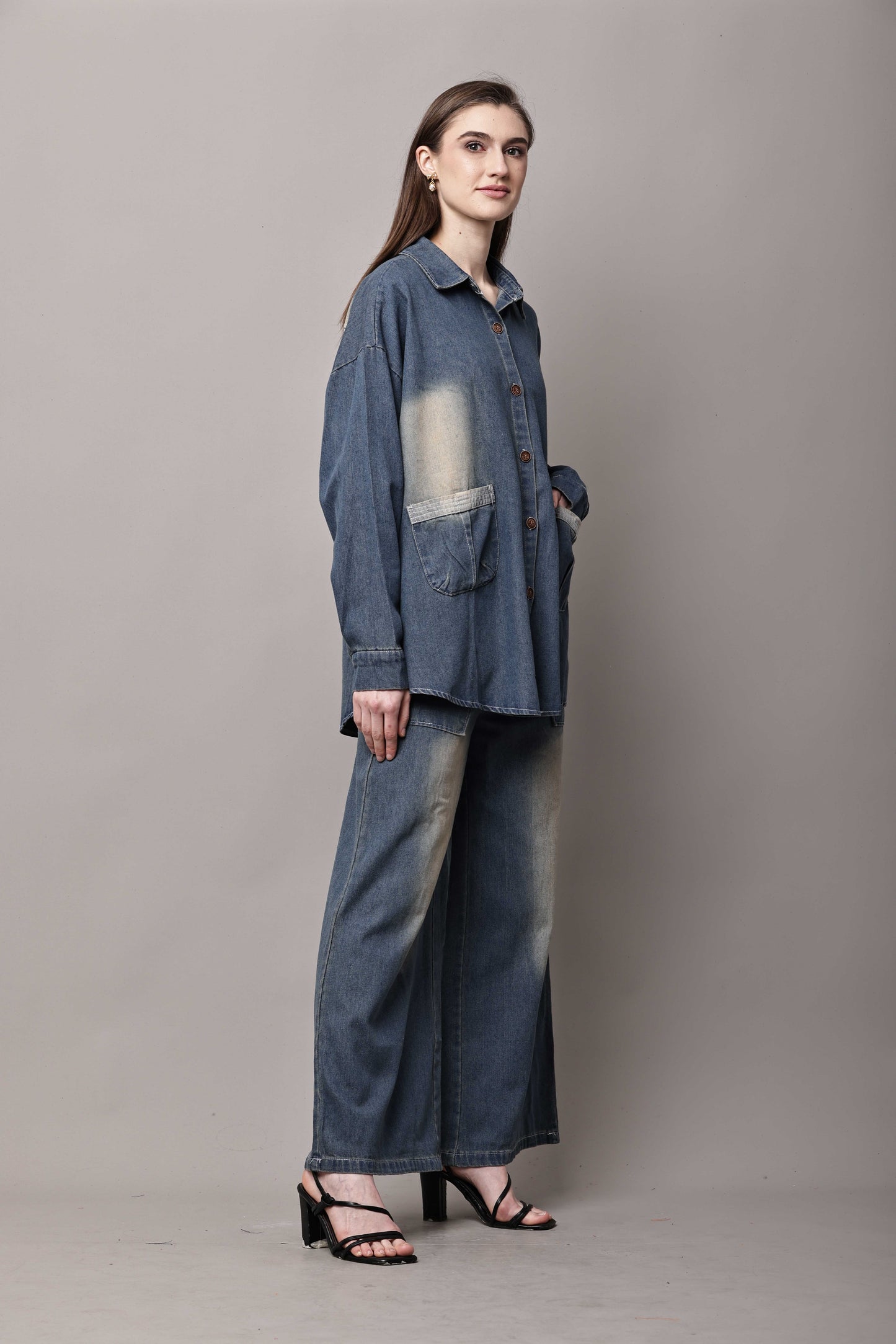 Women Blue Denim Co-Ord Set with Button-Down Shirt & Wide-Leg Pants – Korean Style