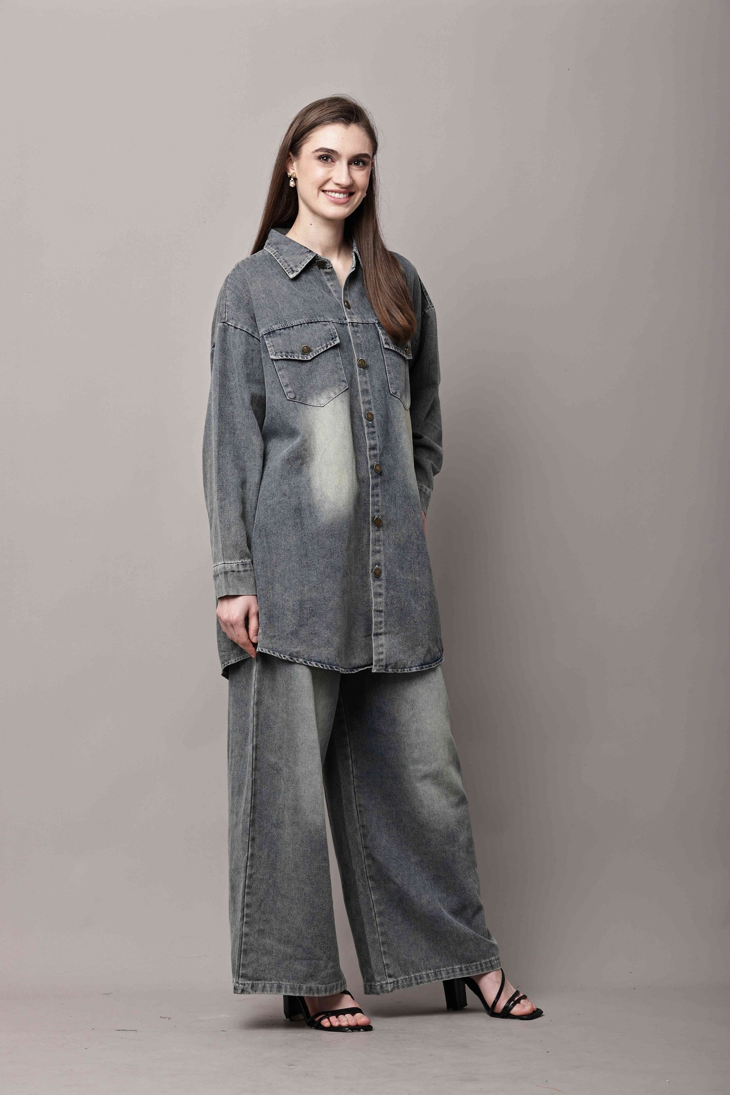 Women Grey Denim Co-Ord Set with Longline Shirt & Wide-Leg Pants – Korean Style