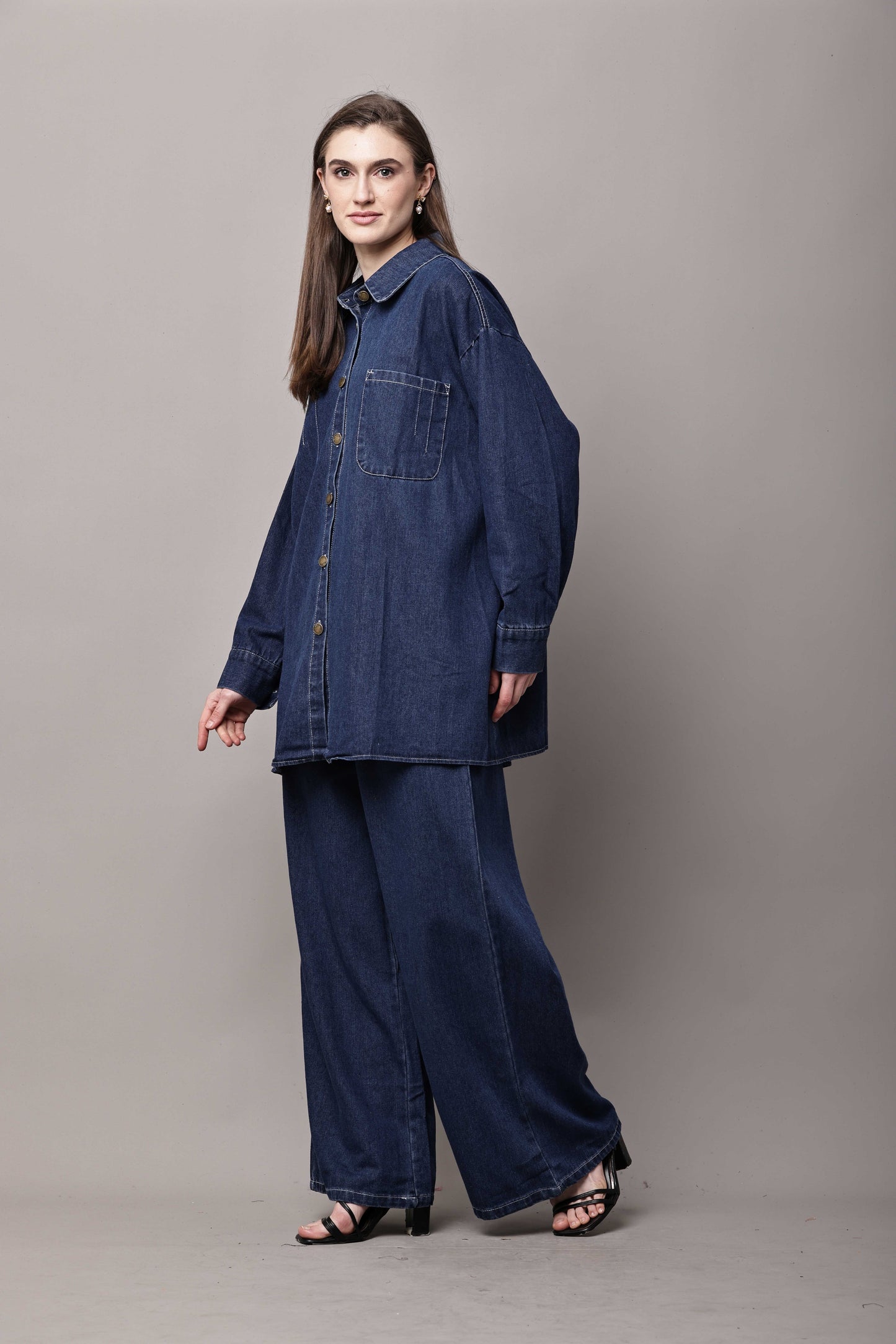 Women Dark Blue Denim Co-Ord Set with Oversized Shirt & Wide-Leg Pants – Korean Style