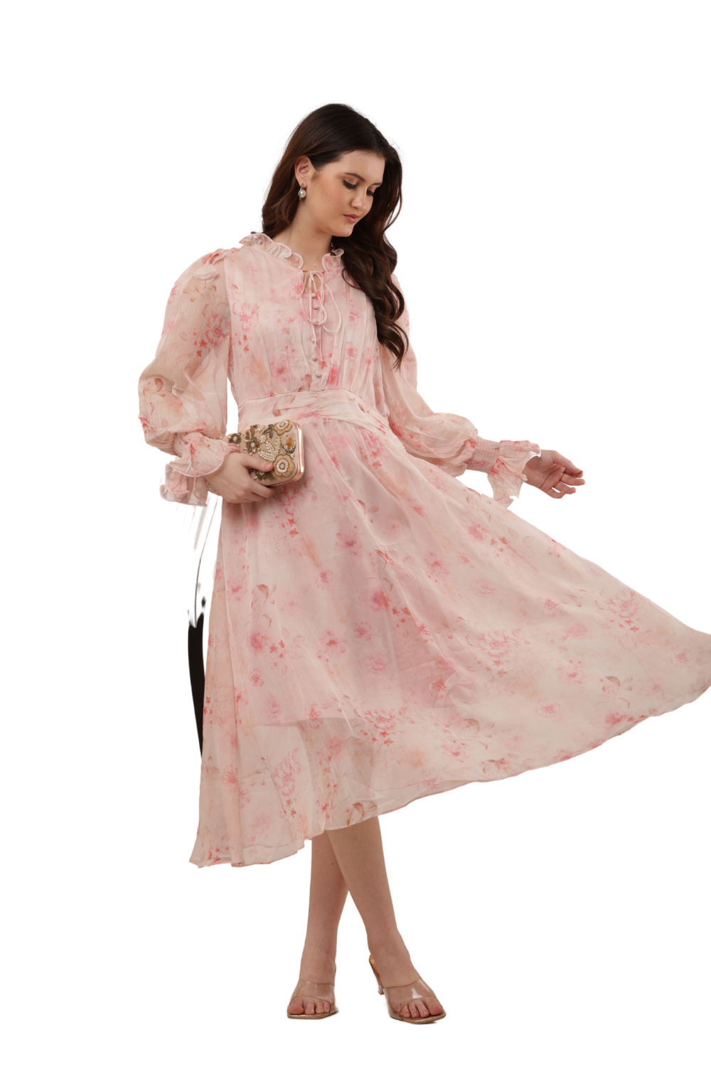 Elegant Floral Ruffle Midi Korean Dress – Sheer Organza | Korean Fashion Clothes