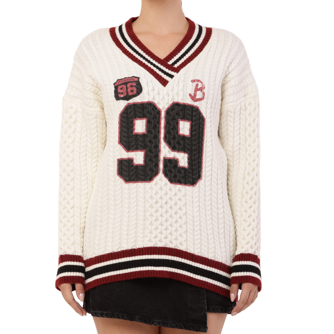Oversized Varsity Knit Sweater with "99" Patch Design