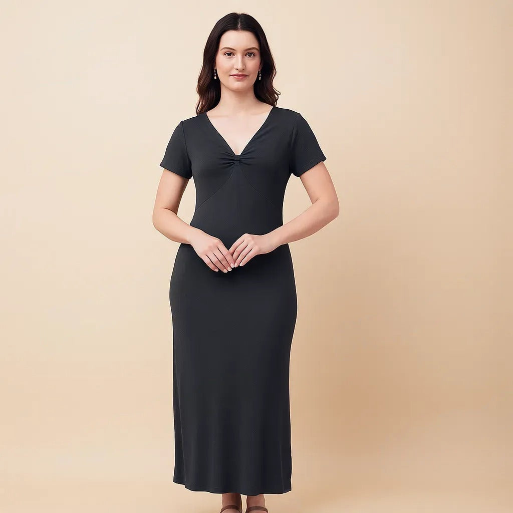 Twist-Front Ribbed Maxi Dress Free Size – Korean Bodycon Style