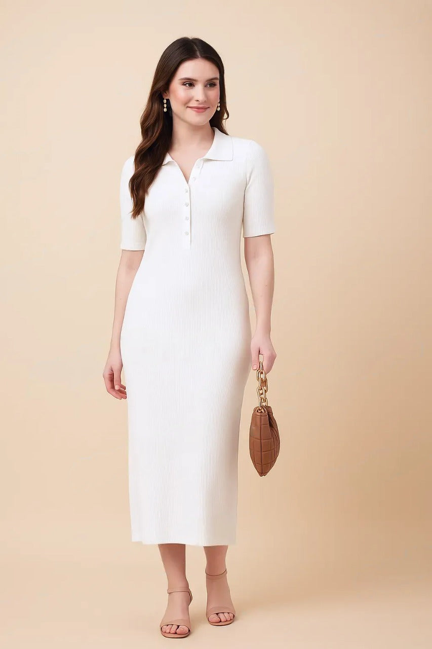 Korean Bodycon Ribbed Polo Midi Dress Free Size – Korean Fashion Style