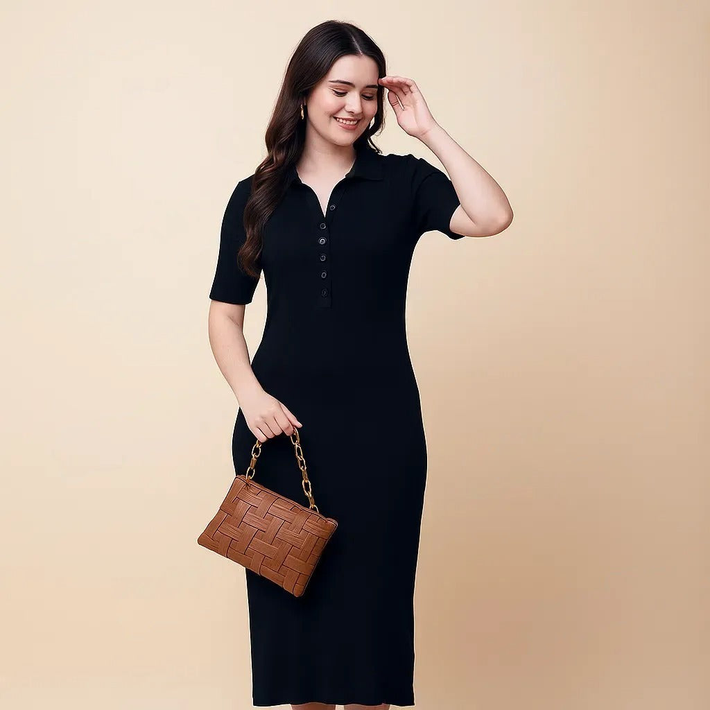 Korean Bodycon Ribbed Polo Midi Dress Free Size – Korean Fashion Style
