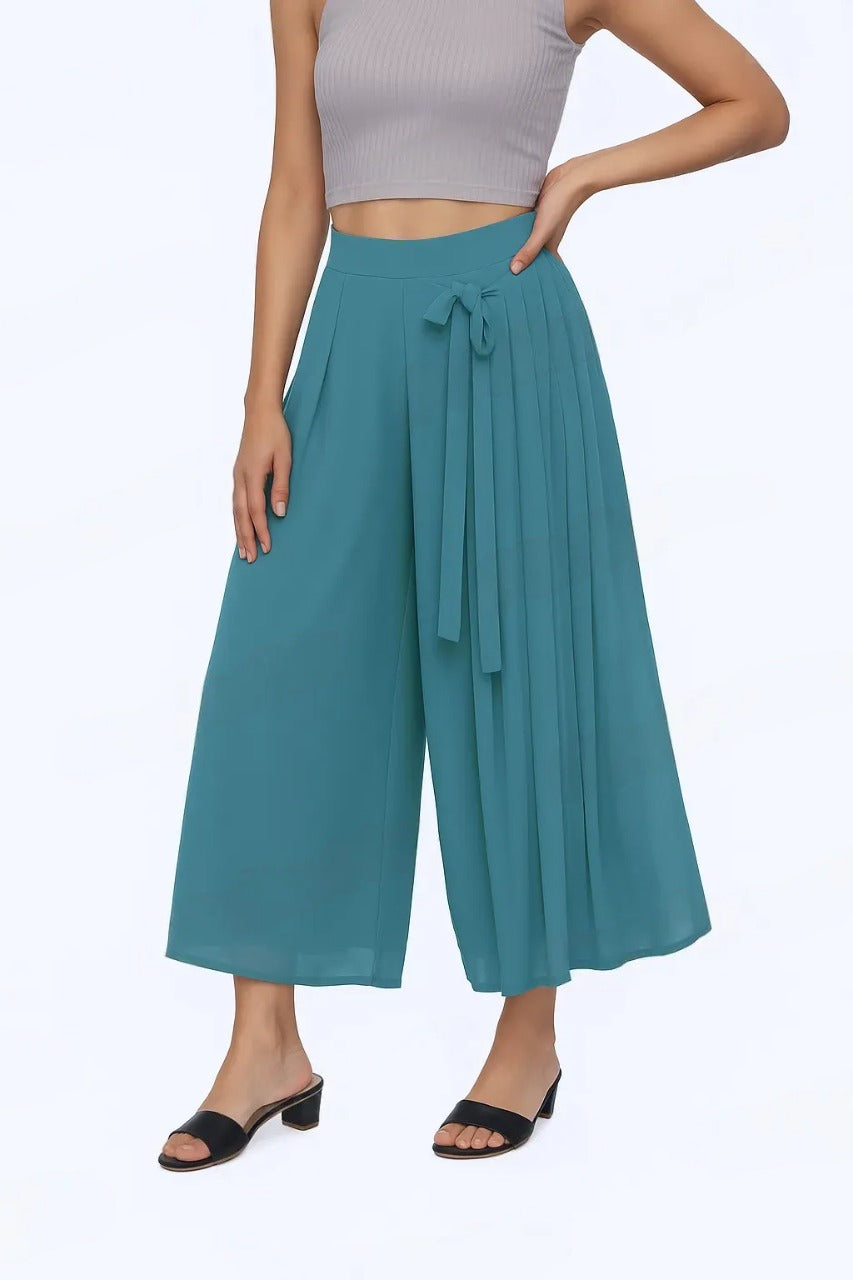 High-Waist Pleated Culottes with Side Tie Detail